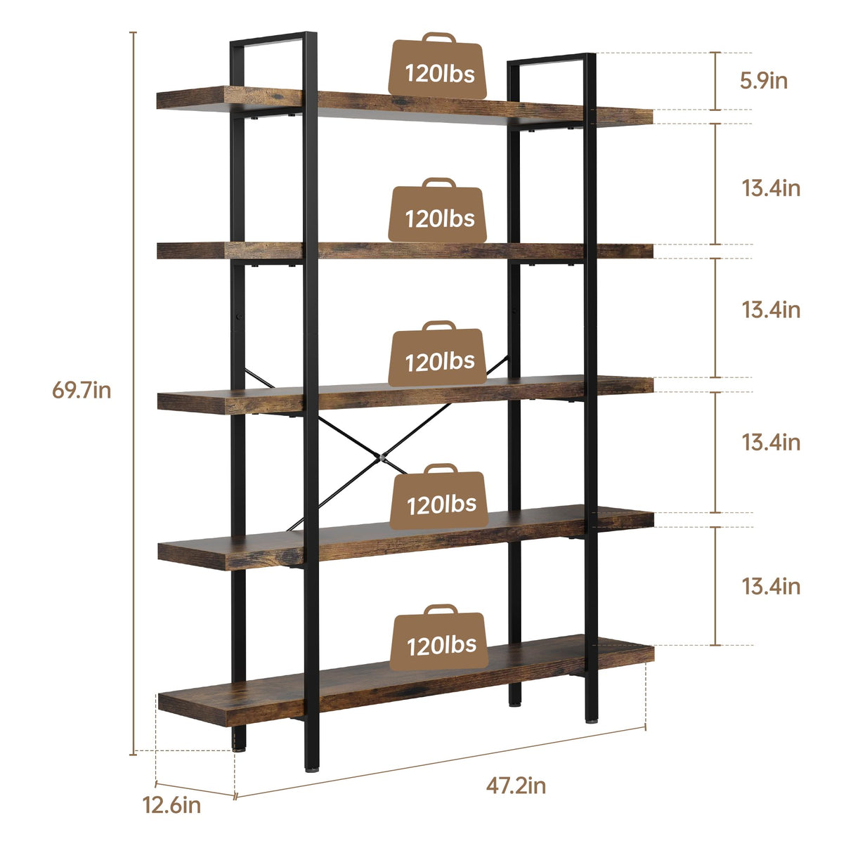 OtterOasis Heavy Duty 5-Tier Industrial Bookcase, 47" Wide Wood Bookshelf for Home Office, 120lbs Shelf Capacity, Rustic Open Shelving Display with Reinforced Horizontal Shelf for Living Room Bedroom OtterOasis