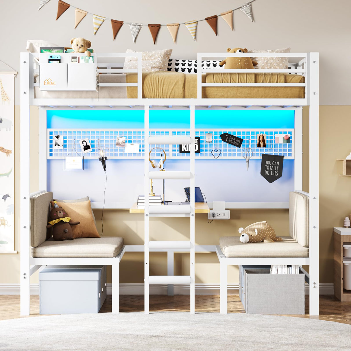 DICTAC Twin Size Loft Bed with Desk and Charging Station Convertible Twin Over Twin Size Bunk Bed with Led Light and Metal Bunk Beds with Desk,Stair and Safety Guard,White(Cushion not Included) DICTAC