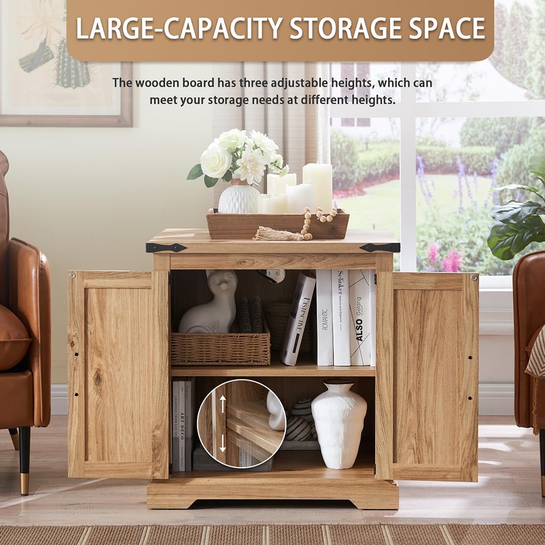 Barnyatoh Farmhouse Boho End Table with Charging Station, 24" Large Side Table with Rattan Barn Door, Rustic Wood Square Nightstand Bedside Table with Storage for Living Room, Bedroom, Natural Barnyatoh