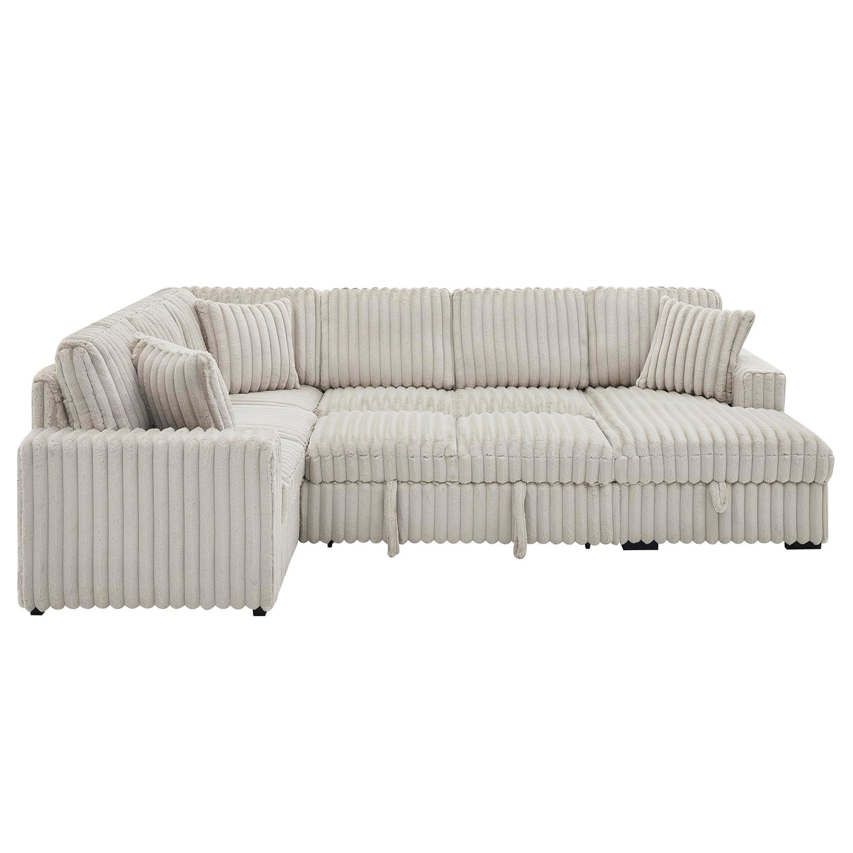 122'' Convertible U-Shaped Faux Rabbit Fur Plush Sectional Sleeper Sofa, Upholstered Cloud Couch Pull-Out Sofa Bed with Storage Chaise and USB Ports for Living Room (Khaki, 122'' x 95.6'') Familymill