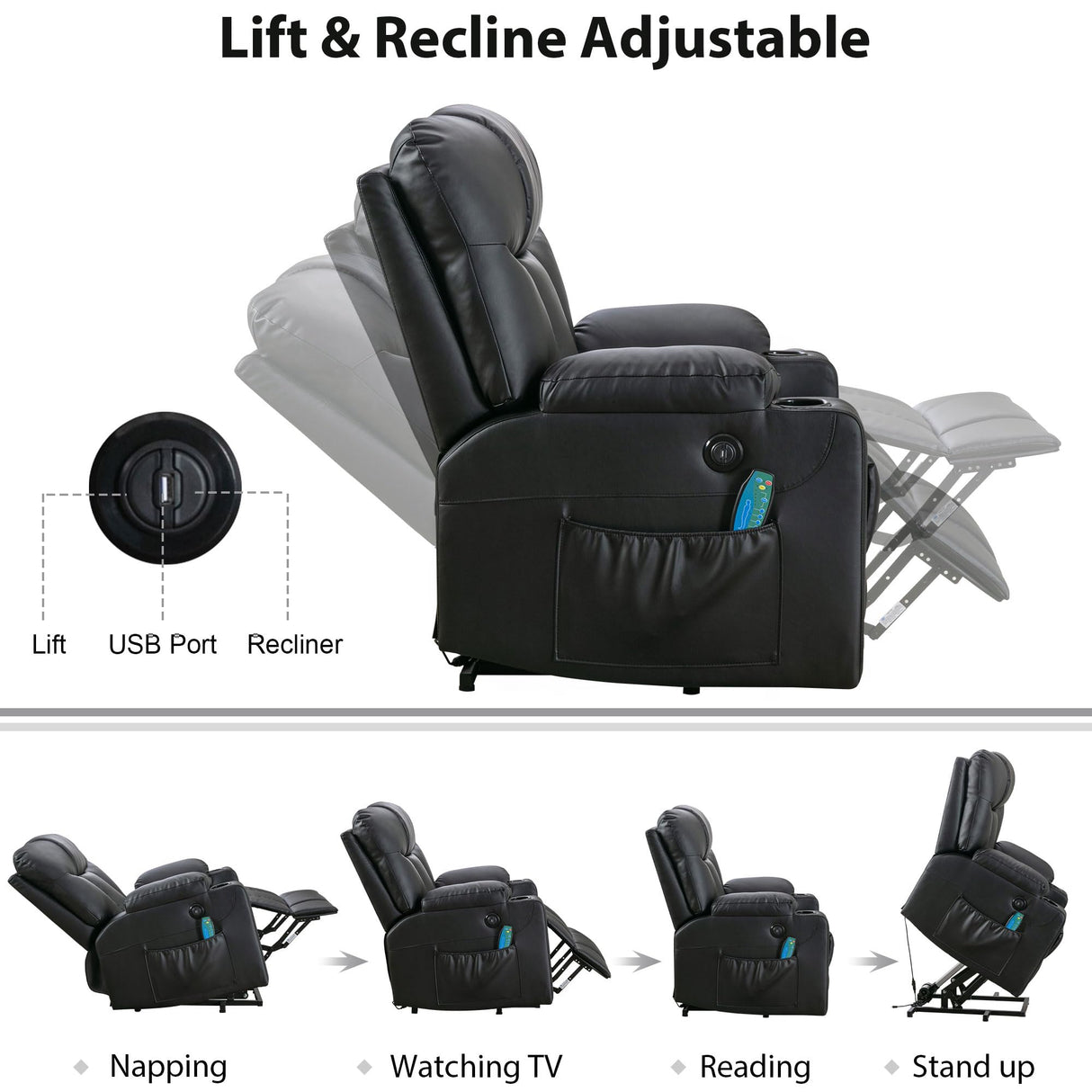 Bonzy Home 26" Extra Wide Lift Chair with Heat and Massage, Faux Leather Power Lift Recliner Massage Chair for Adults Elderly, Upholstered Recliner with 2 Cup Holders, Side Pocket Bonzy Home