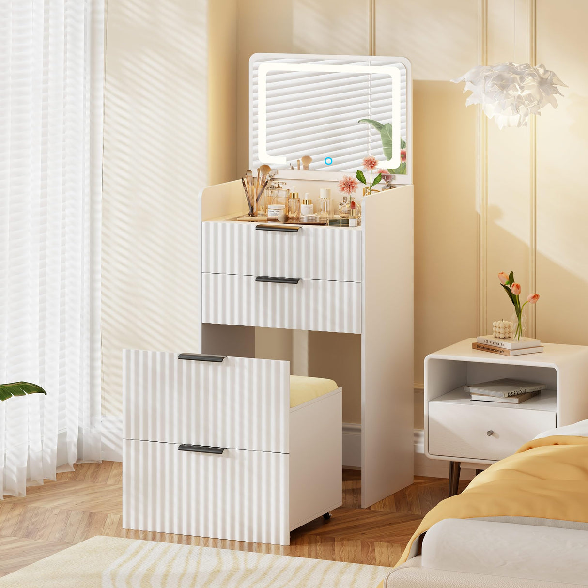 Gurexl Fluted Small Vanity Desk with Mirror and Lights, 3-in-1 Compact Makeup Vanity Set with Hidden Storage Stool, Mini Dressing Table with 3 Drawers, Gift for Little Girls/Kids (White) Gurexl