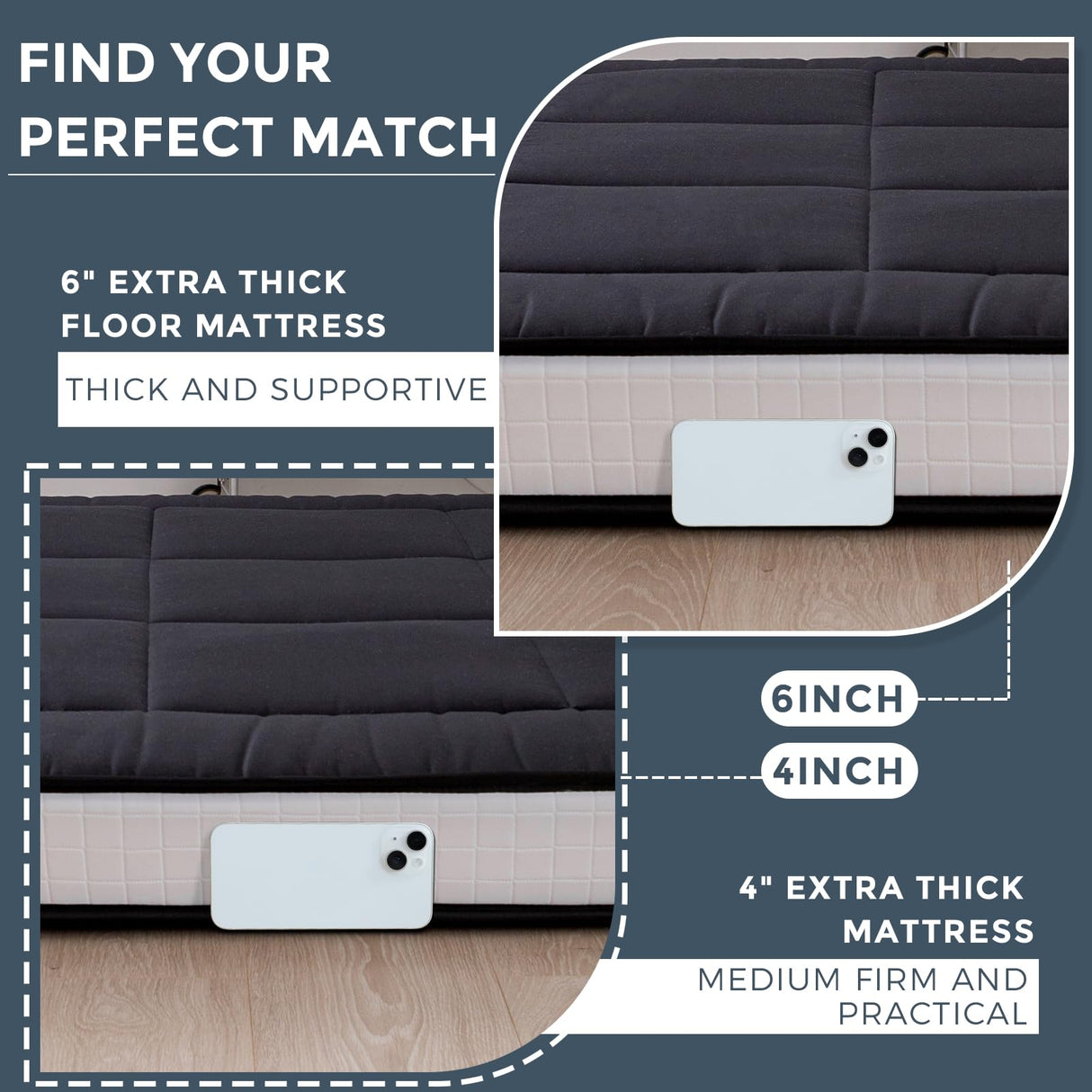 MAXYOYO 6" Extra Thick Floor Futon Mattress, Foldable Japanese Floor Mattress for Adults, Roll Up Tatami Pad for Guest Room, Black, Queen MAXYOYO