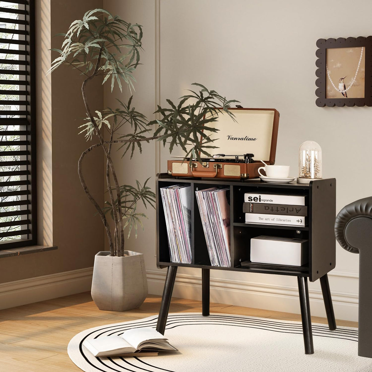 UODERS Record Player Table, Mid-Century Record Player Stand with Vinyl Storage Hold Up to 150+ Albums, Vinyl Record Cabinet with Adjustable Shelves, Wood Turntable Stand for Music Living Room (Black) UODERS