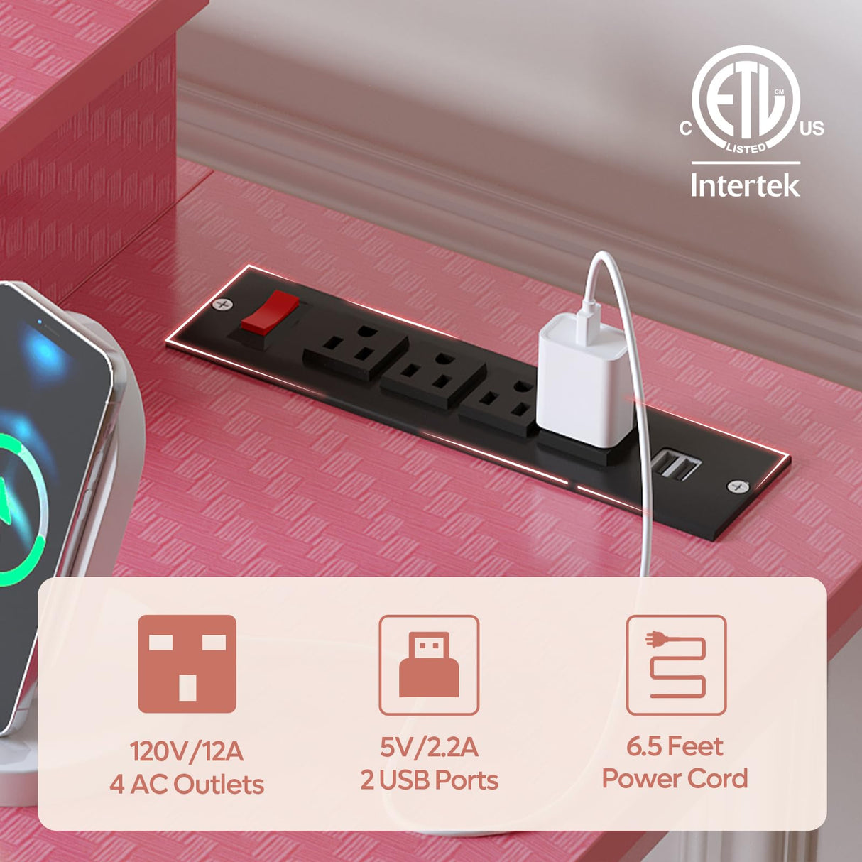 Bestier 52 Inch Gaming Desk with Power Outlets and USB Charging Ports, LED Small Computer Desk with Monitor Stand, Home Office Desk with Cup Holder & Headset Hooks, Desk for Office, Carbon Fiber Pink Bestier