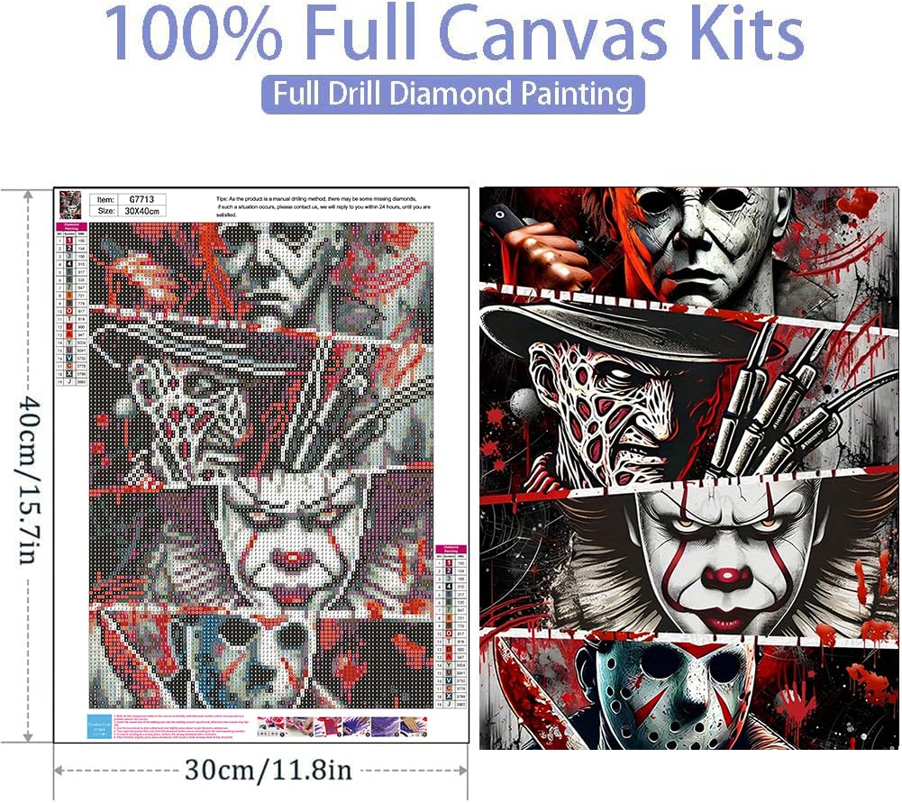 Clendo Halloween Diamond Art Kits for Adults - Horror 5D Diamond Painting for Adults, Full Drill Diamond Dots Gem Art Kit for Wall Home Decor Arts Craft 12x16 inch Clendo
