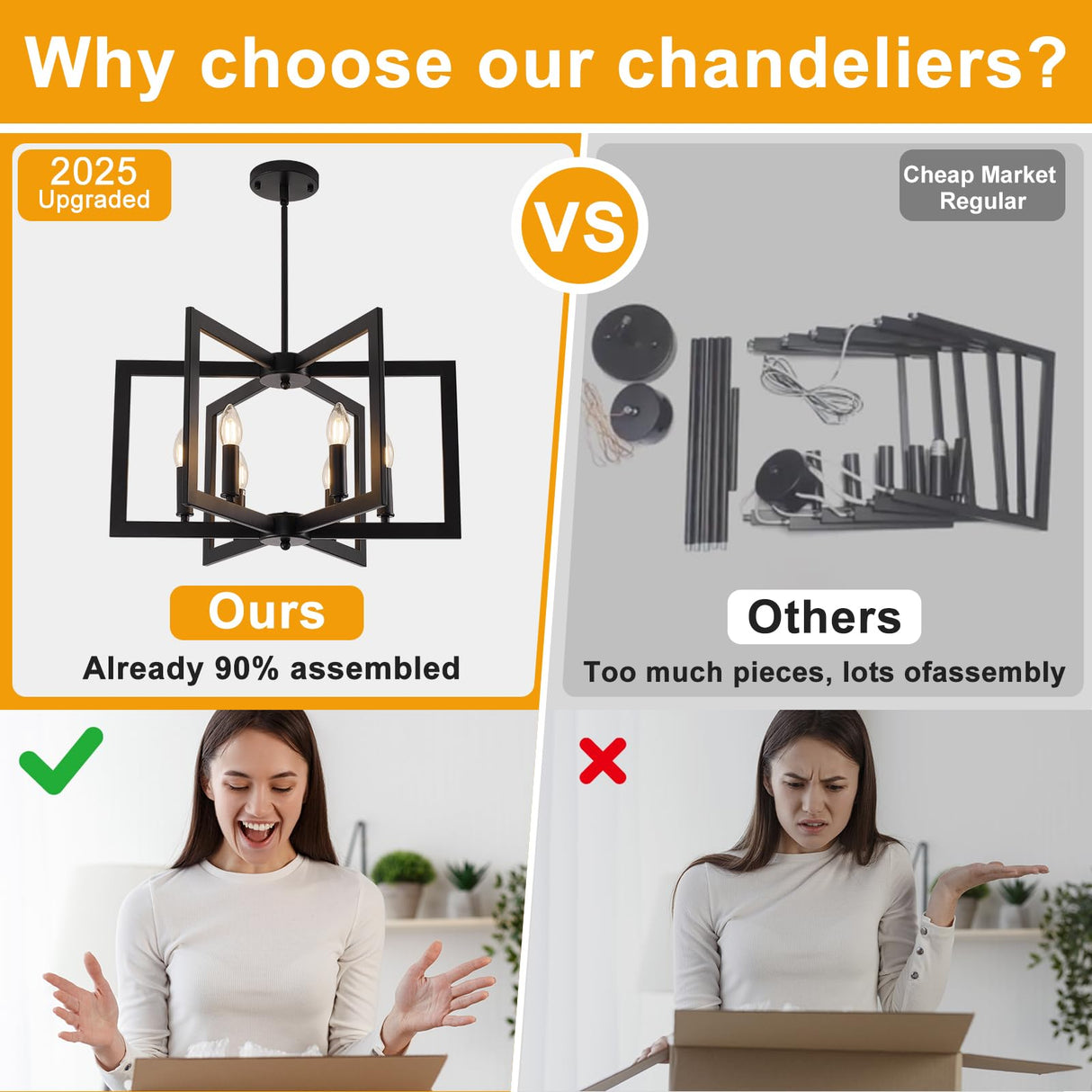 21.6" Black Farmhouse Chandelier,6-Light Geometric Dining Room Fixture,Modern Industrial Foyer Lighting Fixtures,Rustic Farmhouse Hanging Pendant Lights for Kitchen Island,Living Room,Bedroom,Entryway UnicozoHome