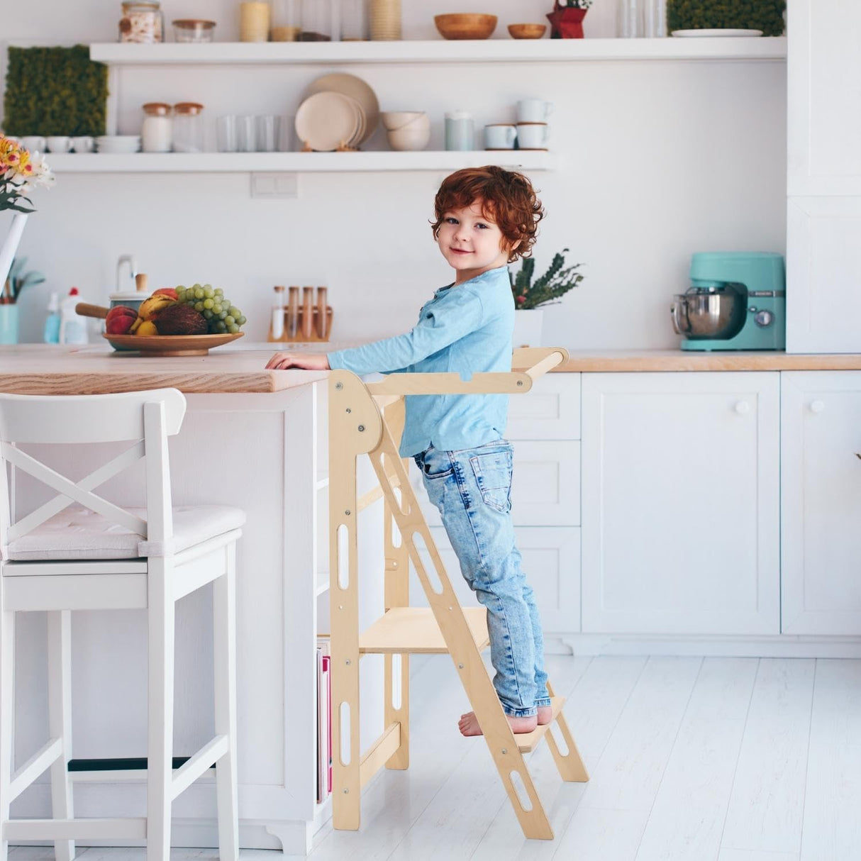 YK KIDS, Foldable Toddler Tower, Step Stool for Kids, Foldable Kitchen Tower for Kids, Step Stool with Safety Rail, Montessori Child Standing Tower (Natural) YK KIDS
