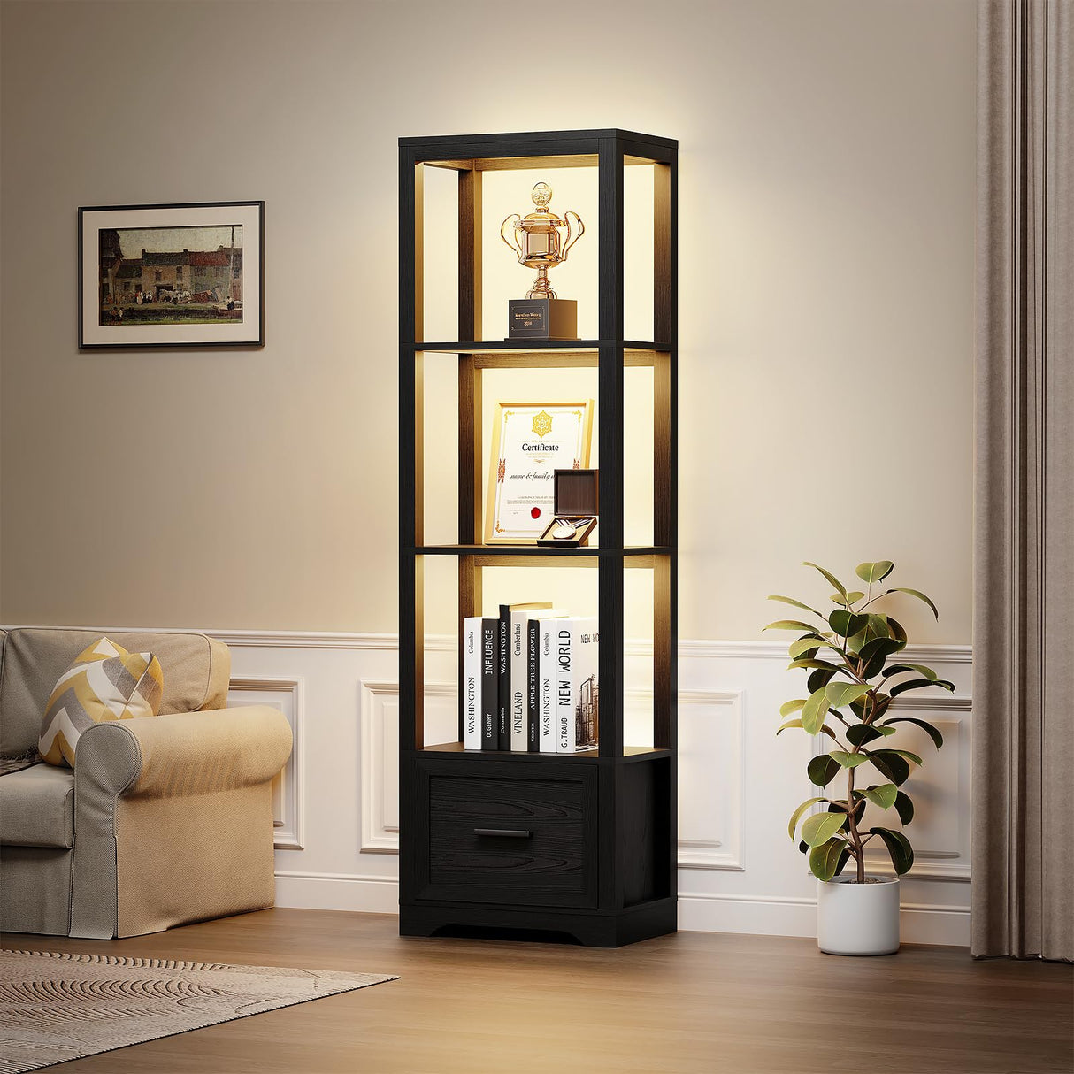BROTTAR Display Shelf with 3 Color Light, Bookshelf with Drawer, Dimmable LED Floor Lamp with Shelves, Display Case, Display Standing Shelf Unit for Bedroom, Living Room, Black BROTTAR