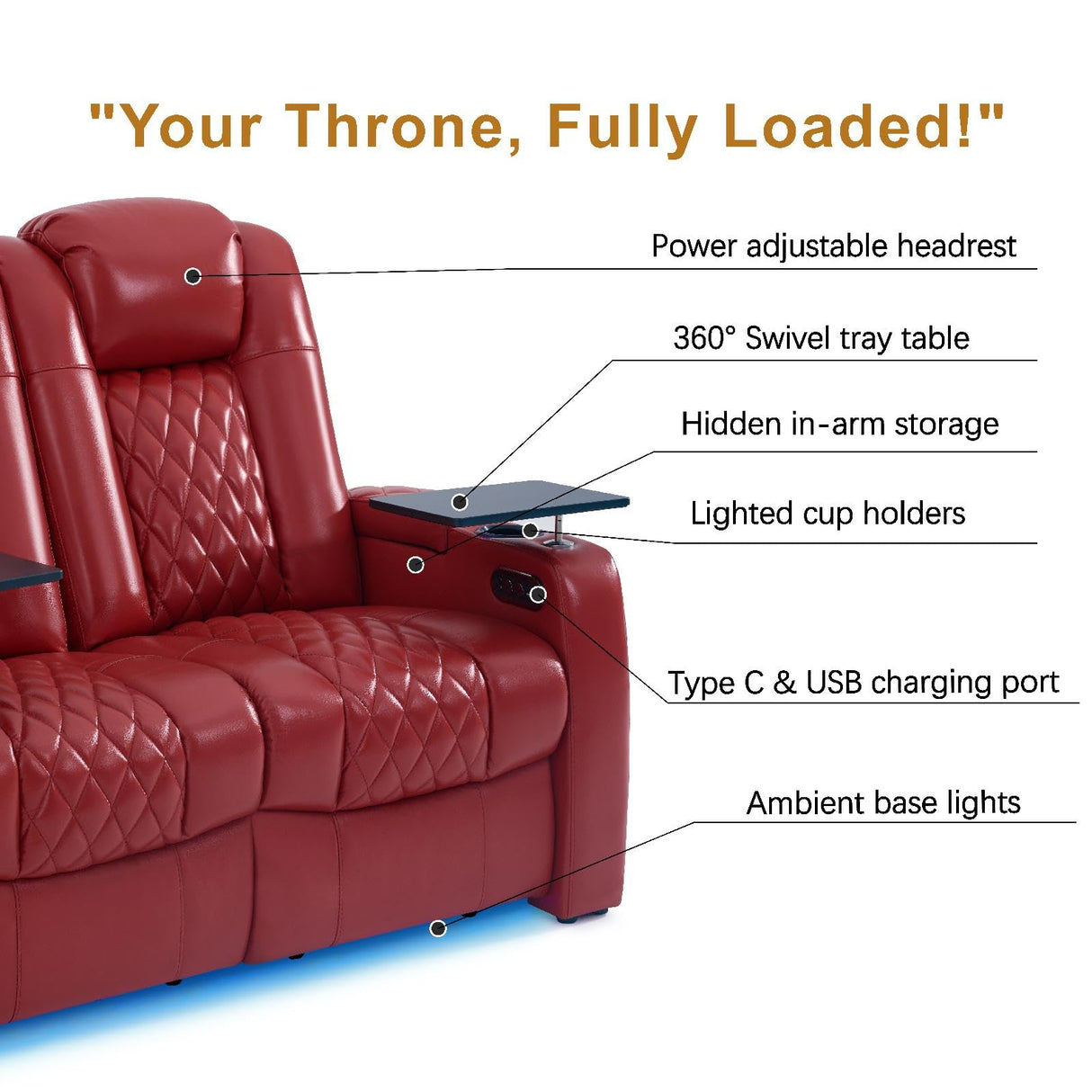 comfiroom Home Theater Seating Classic Series Top Grain Leather Loveseat Recliner Chair Dual Power Movie Theater Chairs Gaming Sofa Electric Headrest with Tray Table (Red, Row of 2 Loveseat) comfiroom