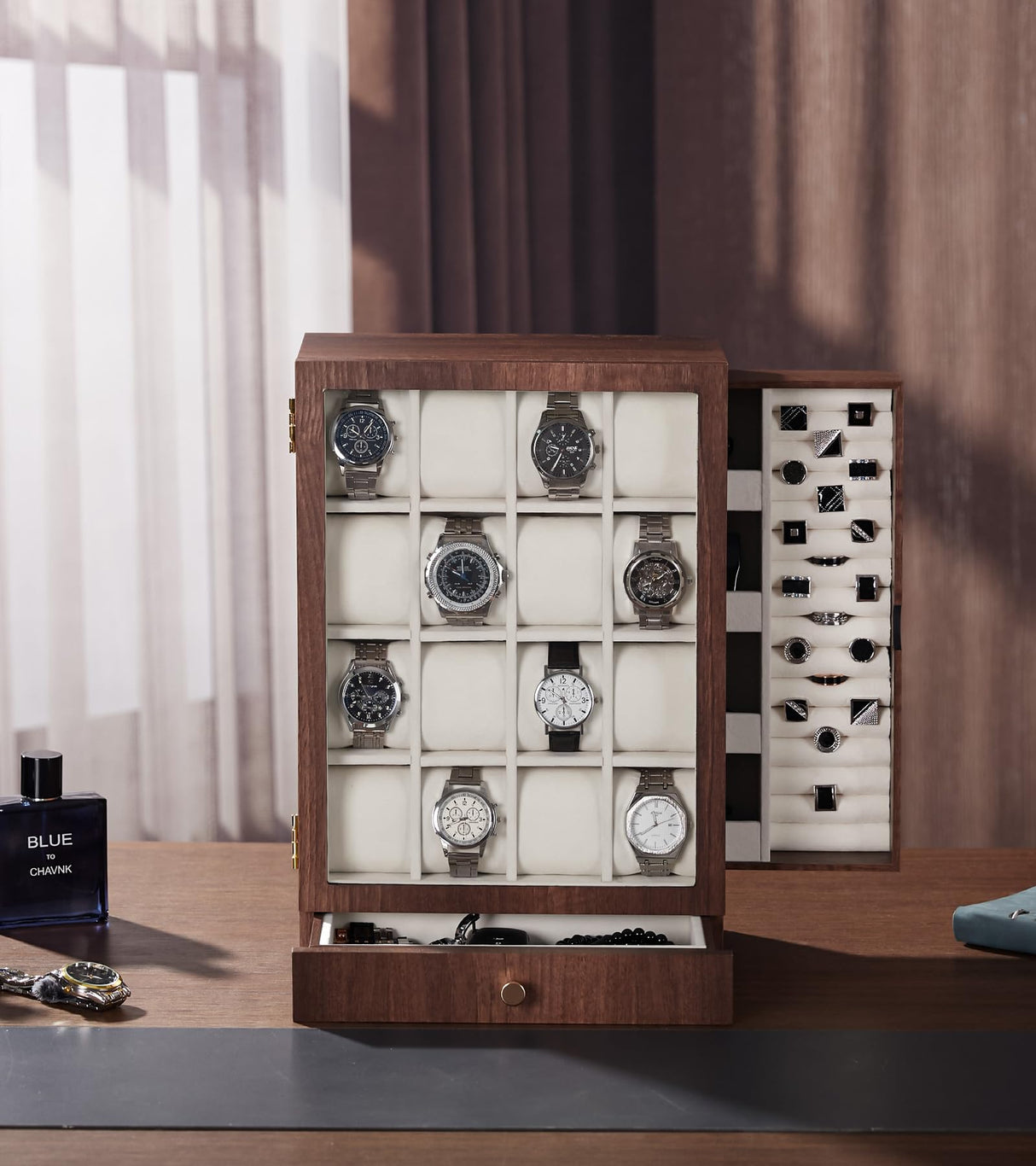 Homde Watch Box Wooden Display: Large Wood Storage for Men's Nightstand - Timeless Home Organizer (L Size) Homde