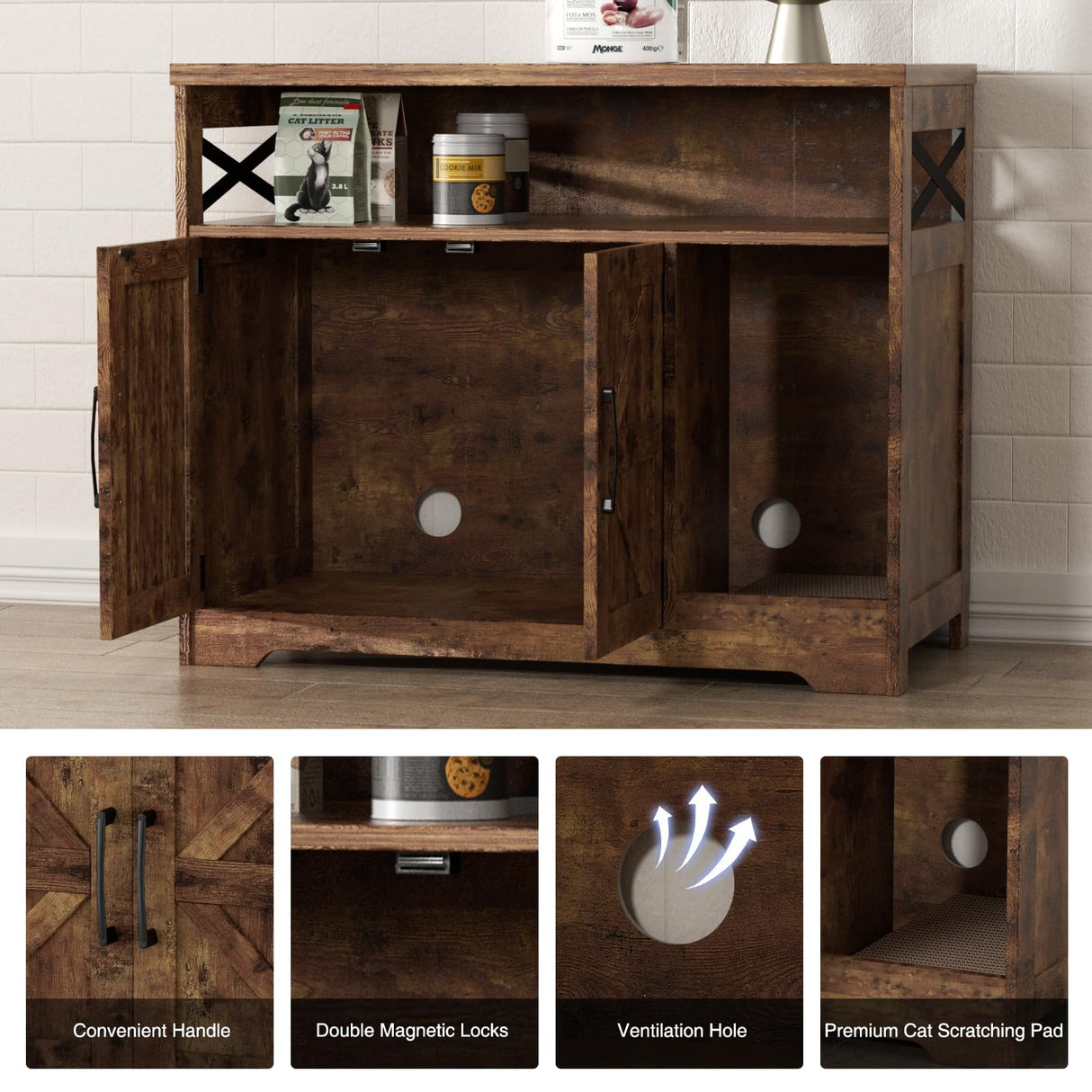 Halitaa Cat Litter Box Enclosure, Hidden Litter Box Furniture with Scratch Pad, Farmhouse Indoor Cat House Washroom End Table, Rustic Brown Halitaa