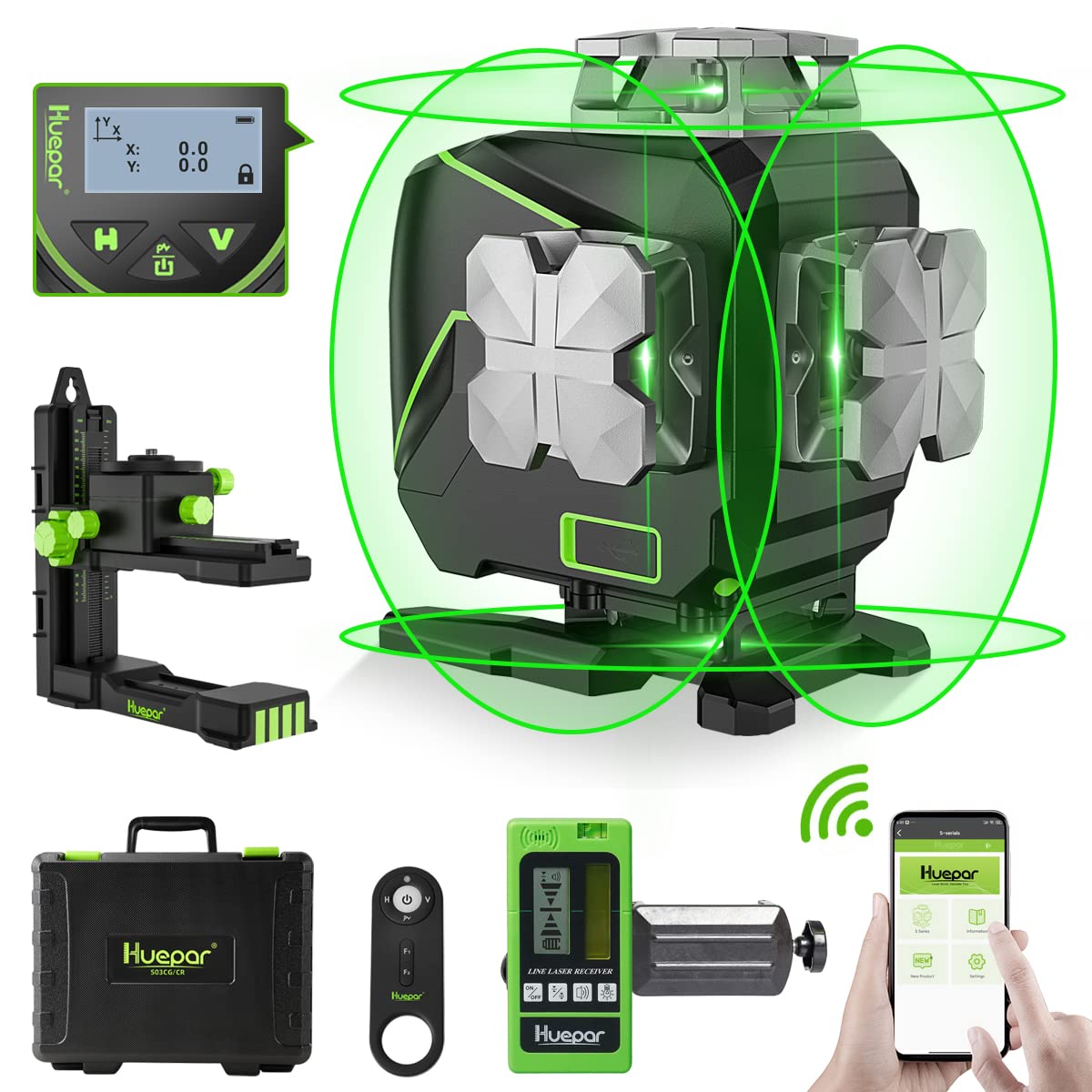 Huepar 16 Lines Self-Leveling Laser Level 4x360° Cross Line Laser with Receiver -LCD Screen, 4D Bluetooth Green Beam Tiling Floor Laser Tool, 360° Huepar