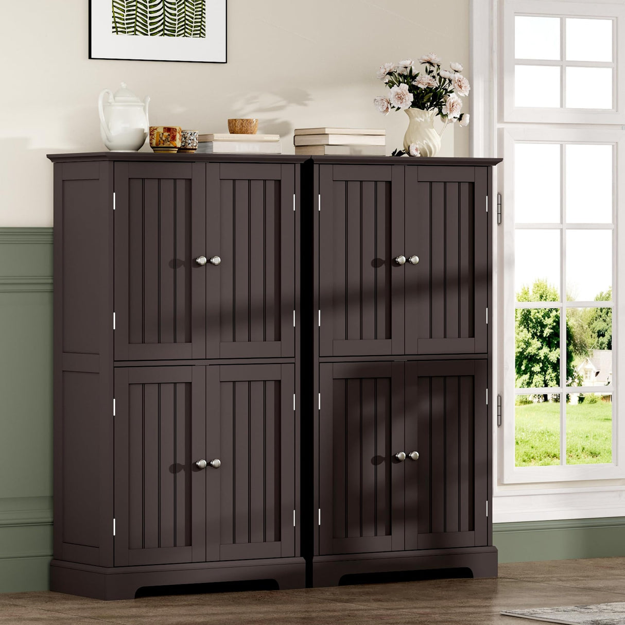 ChooChoo Bathroom Floor Cabinet, Modern Bathroom Storage Cabinet with 4 Doors and Adjustable Shelves, Freestanding Cupboard for Living Room, Espresso ChooChoo