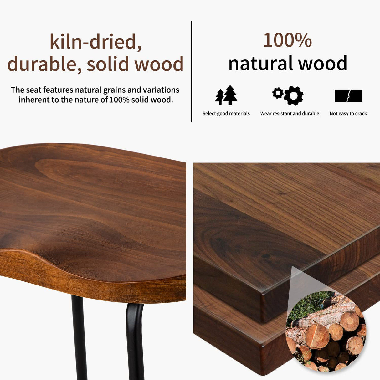 HeuGah Bar Stools Set of 3, Solid Wood Counter Height Bar Stools 26 Inch Barstool Chair for Kitchen Island Rustic Saddle Seat Backless Stools with Metal Leg (Walnut, 3 PCS 26Inch Counter Chair) HeuGah