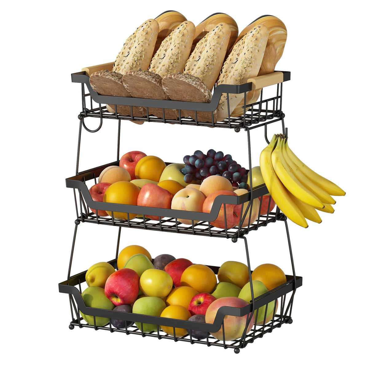 GILLAS 3 Tier Countertop Fruit Basket with 2 Banana Hangers for Kitchen, Detachable Metal Organizer for Bread Vegetable Fruits with Wooden Handle, Large Capacity Rectangular Storage Stand Bowls, Black GILLAS