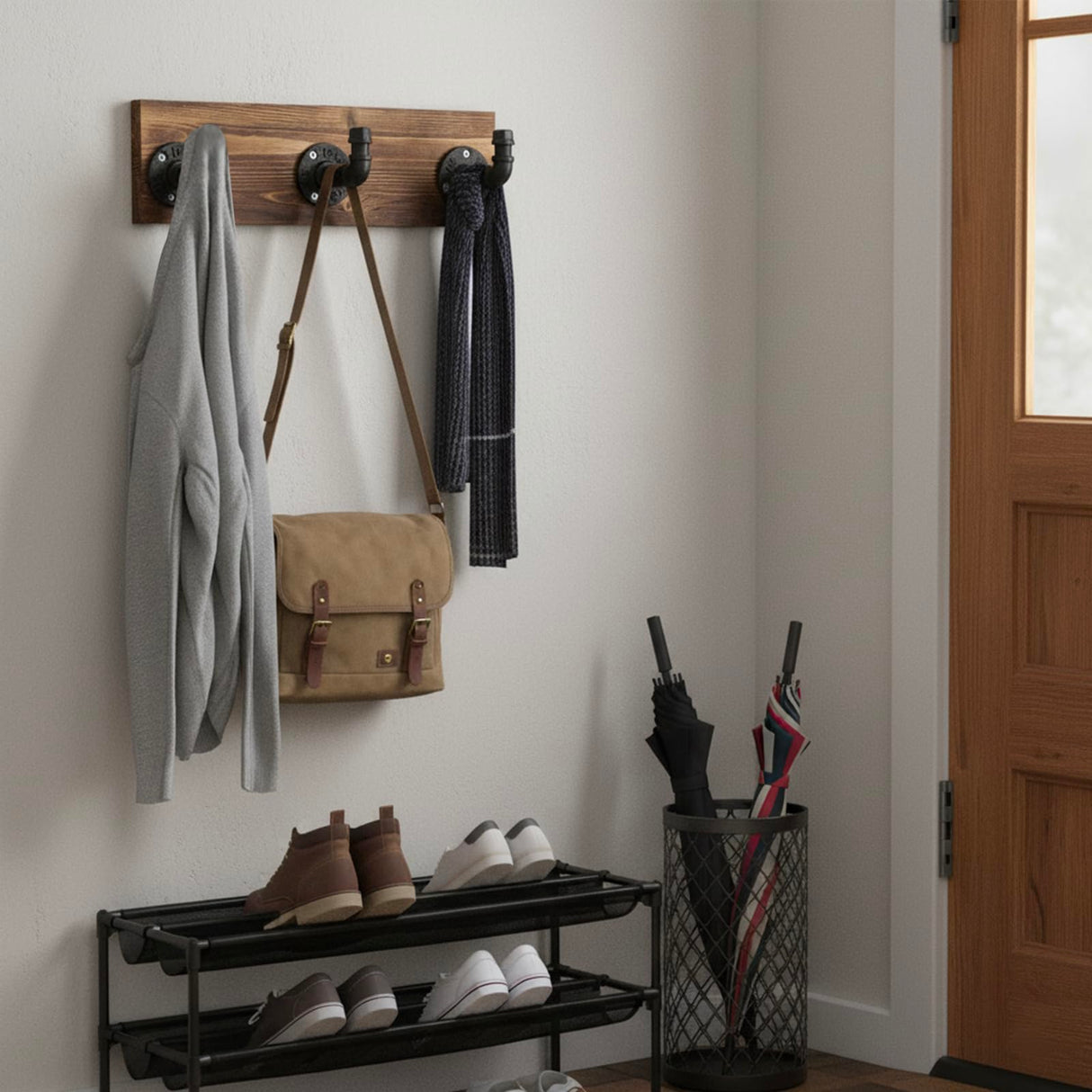 MyGift Burnt Wood Wall Mount Coat Hook Rack and Hat Rack with 3 Hooks Pipe Fixture Design MyGift