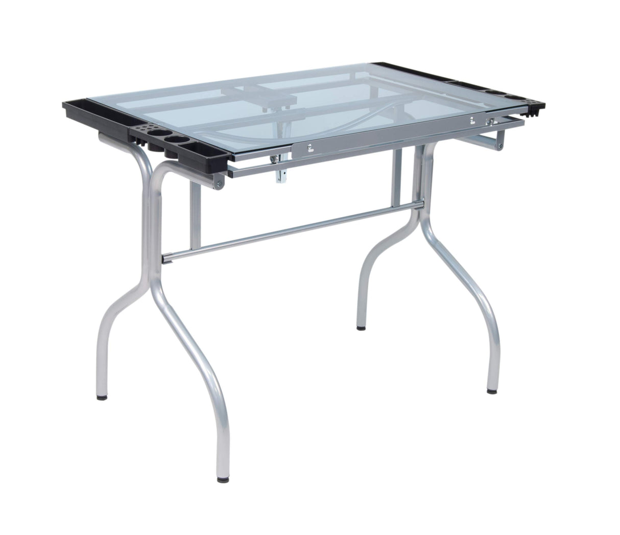 Studio Designs Folding Modern Glass Top Adjustable Drafting Table Craft Table Drawing Desk Hobby Table Writing Desk Studio Desk, 35.25" W x 23.75" D, Silver / Blue Glass SD STUDIO DESIGNS