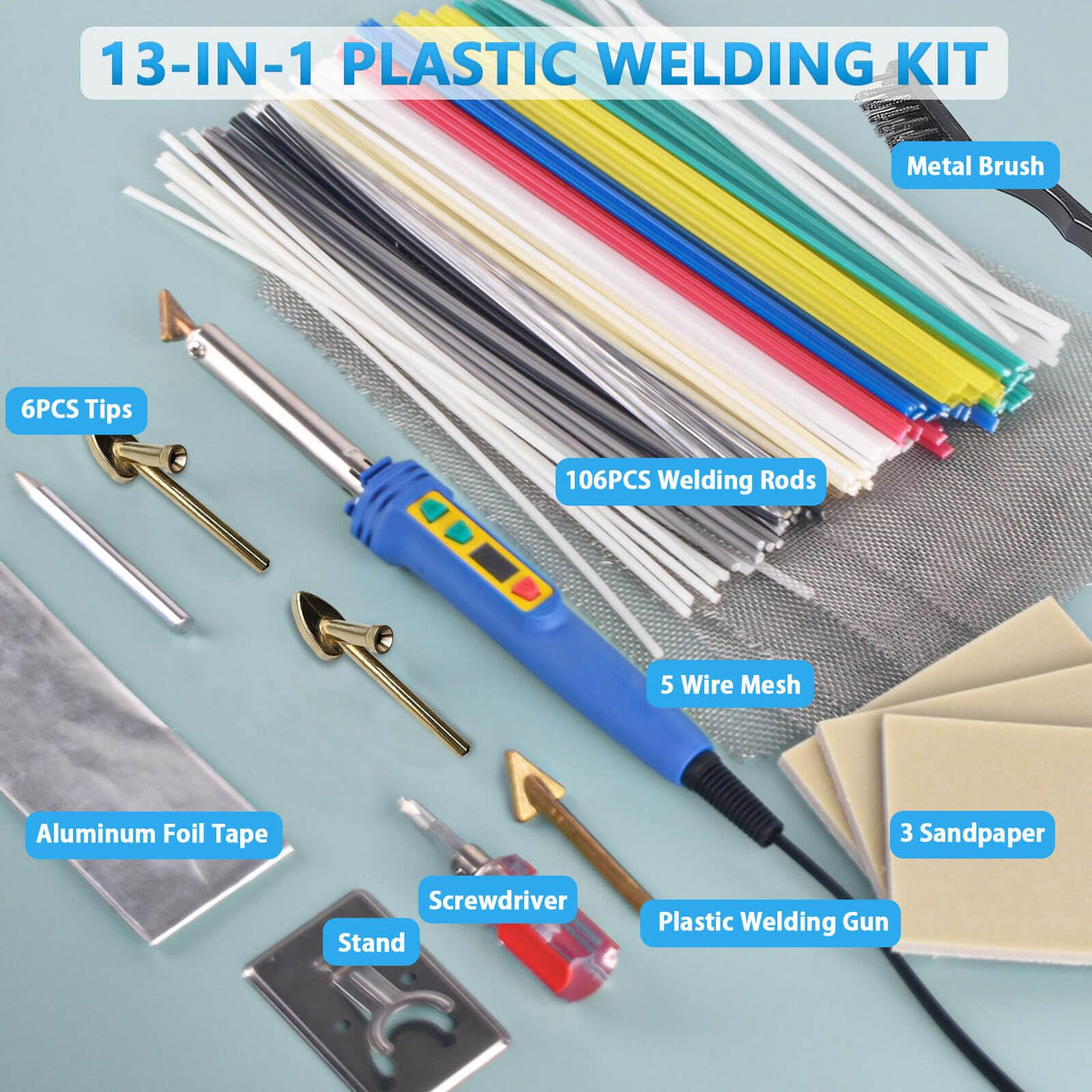 GNI Upgraded 150W LED Digital Adjustable Temperature Plastic Welder, 106PCS Welding Rods Plastic Repair Kit, 5 Tips 3 IN 1 Plastic Welder Soldering Iron Kit, Plastic Welding Kit for DIY Bumper Kayaks GNI