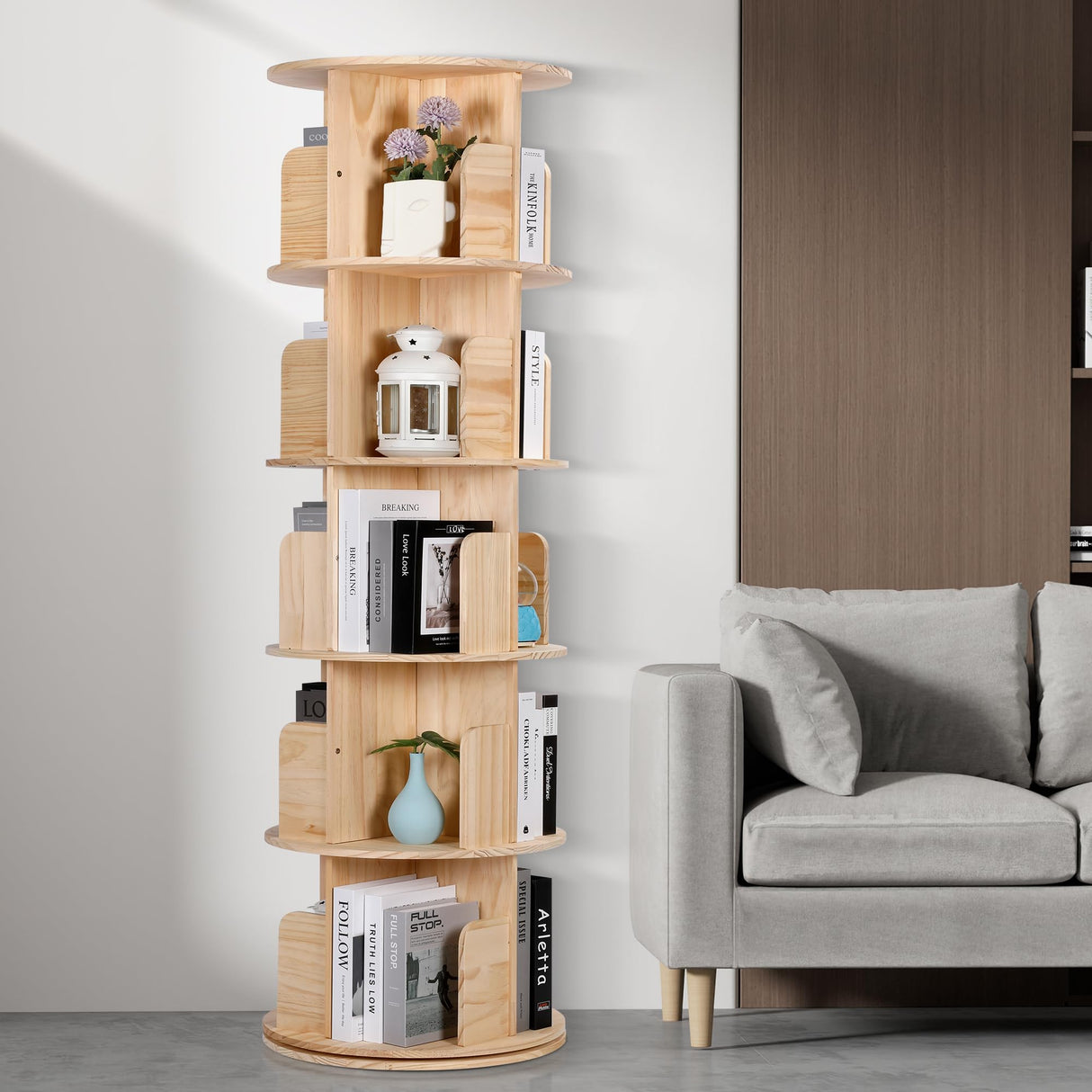 Rengue Rotating Bookshelf Tower, 5 Tiers Floor Standing Bookcase Storage Rack, 360 Display Round Spinning Bookshelf with Detachable Feet for Small Space, Bedroom, Living Room, Office Rengue