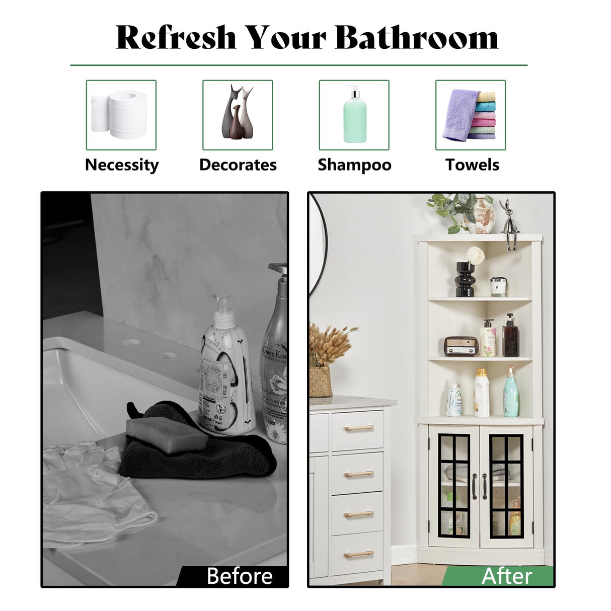 AMERLIFE Curved Corner Storage Cabinet, 65" Tall Freestanding Bookcase with Glass Doors & Adjustable Shelves, 5-Tier Corner Display Cabinet for Living Room, Bathroom, Distressed White AMERLIFE