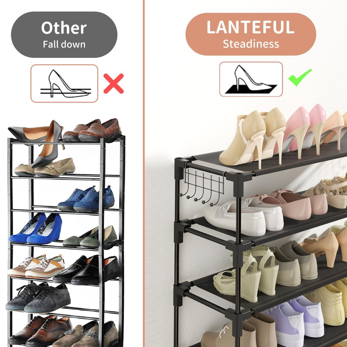 LANTEFUL 10 Tiers Shoe Rack 50 Pairs Large Capacity Tall Shoe Organizer Sturdy Shoe Storage with Two Hooks Space Saving Metal Wide Shoe Rack for Closet, Entryway, Bedroom, Black LANTEFUL