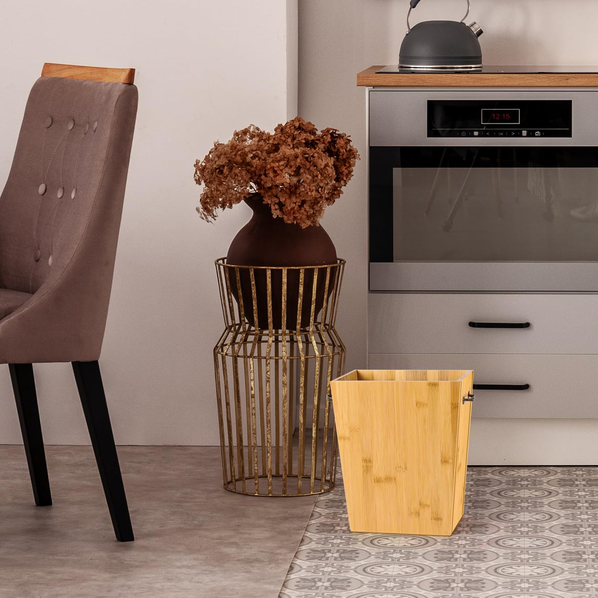 SEHERTIWY Wood Trash Can, Farmhouse Wastebasket Bin for Bathroom, Office, Bedroom, Living Room, Small Square Rustic Garbage Container with Metal Handle (Bamboo-Yellow-Handle) SEHERTIWY