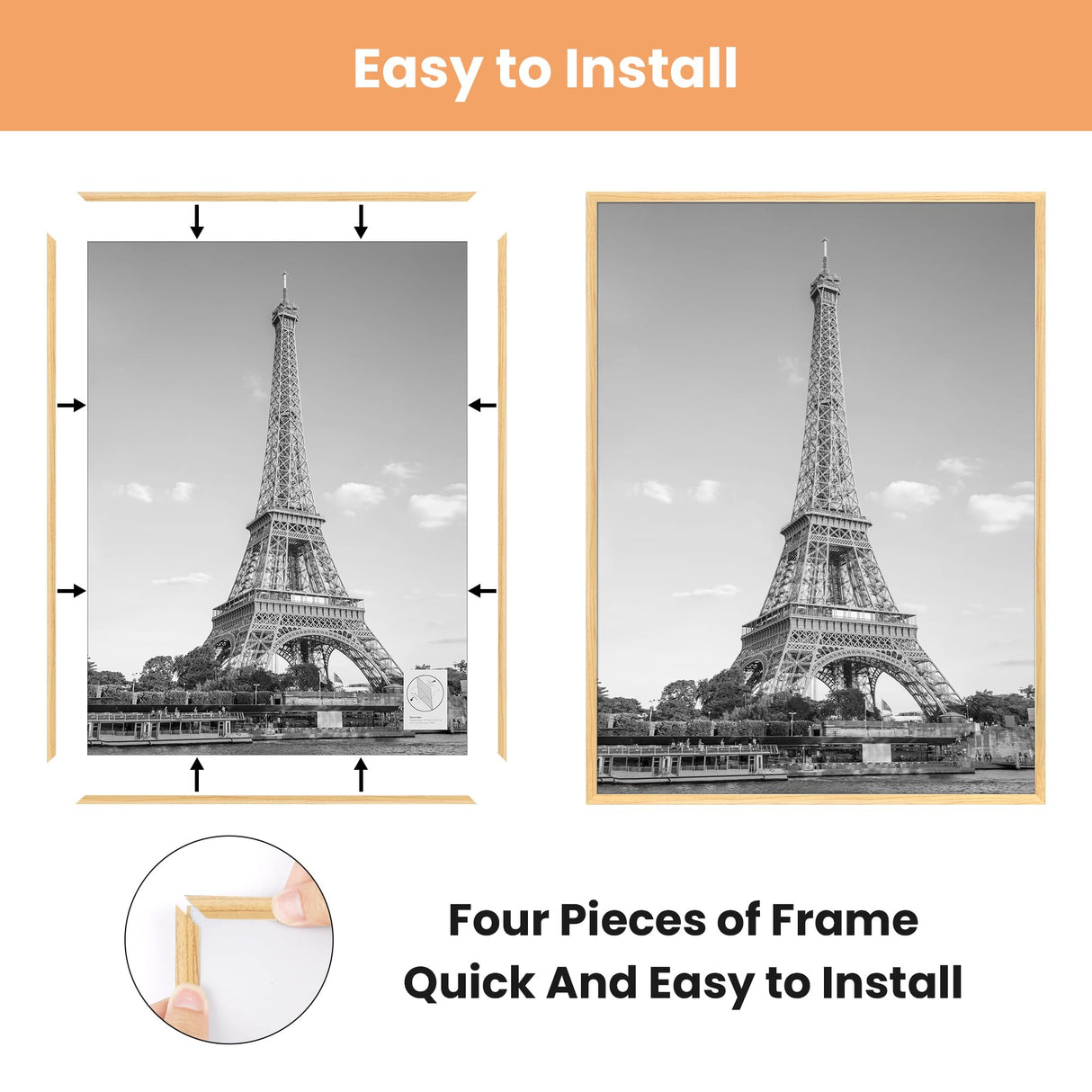 upsimples 16x24 Picture Frame Natural 3 Pack, Scratch-Proof Poster Frames 16 x 24 for Photo Gallery - Slide-In Strips, Horizontal or Vertical Wall Mounting upsimples