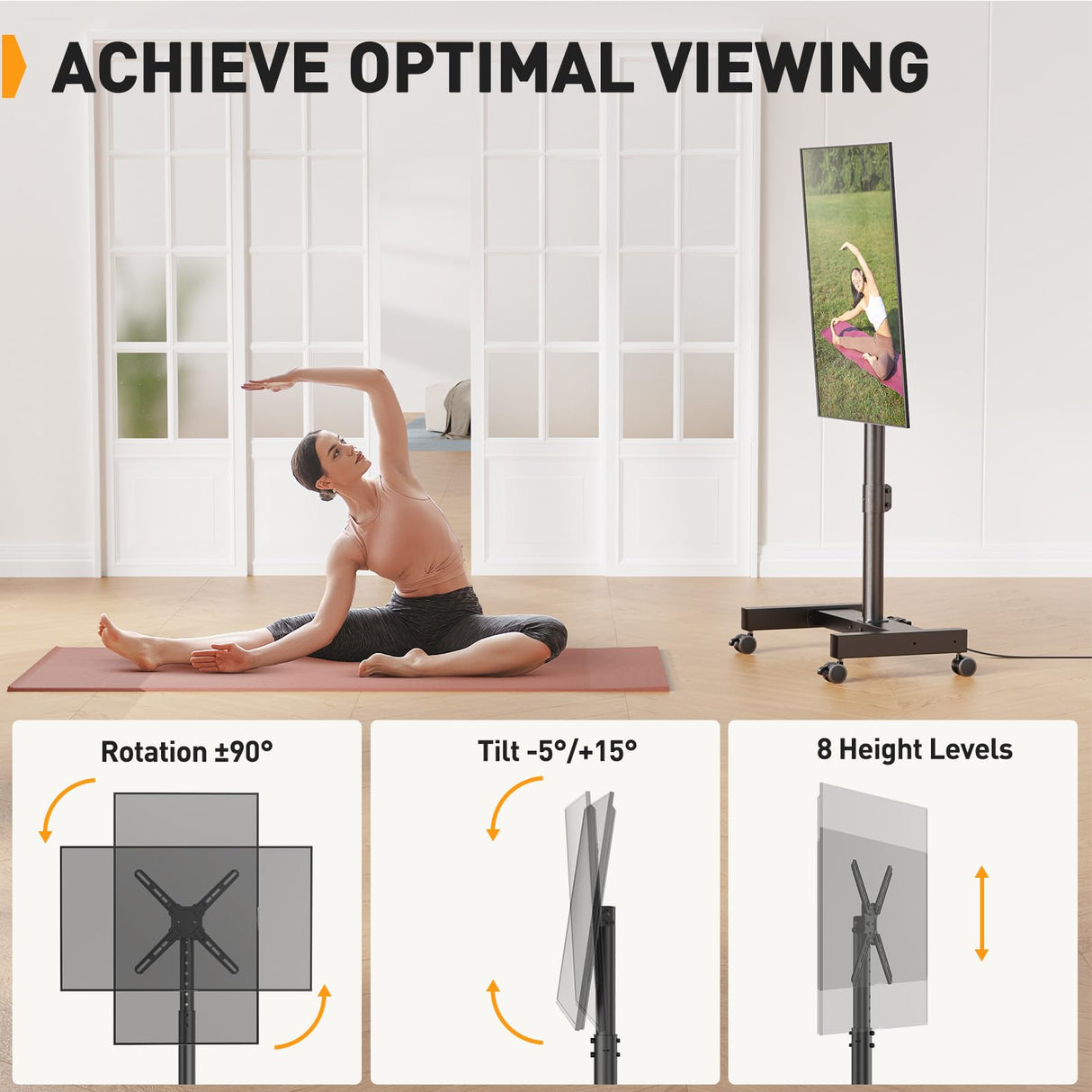 Perlegear Rolling TV Stand with Power Outlet for 26-50 inch TVs up to 55 lbs, Tilting Mobile TV Cart Portrait to Landscape, 8 Height Settings, Mobile TV Stand with Wheels, Max VESA 300x300mm, PGTVMC19 Perlegear