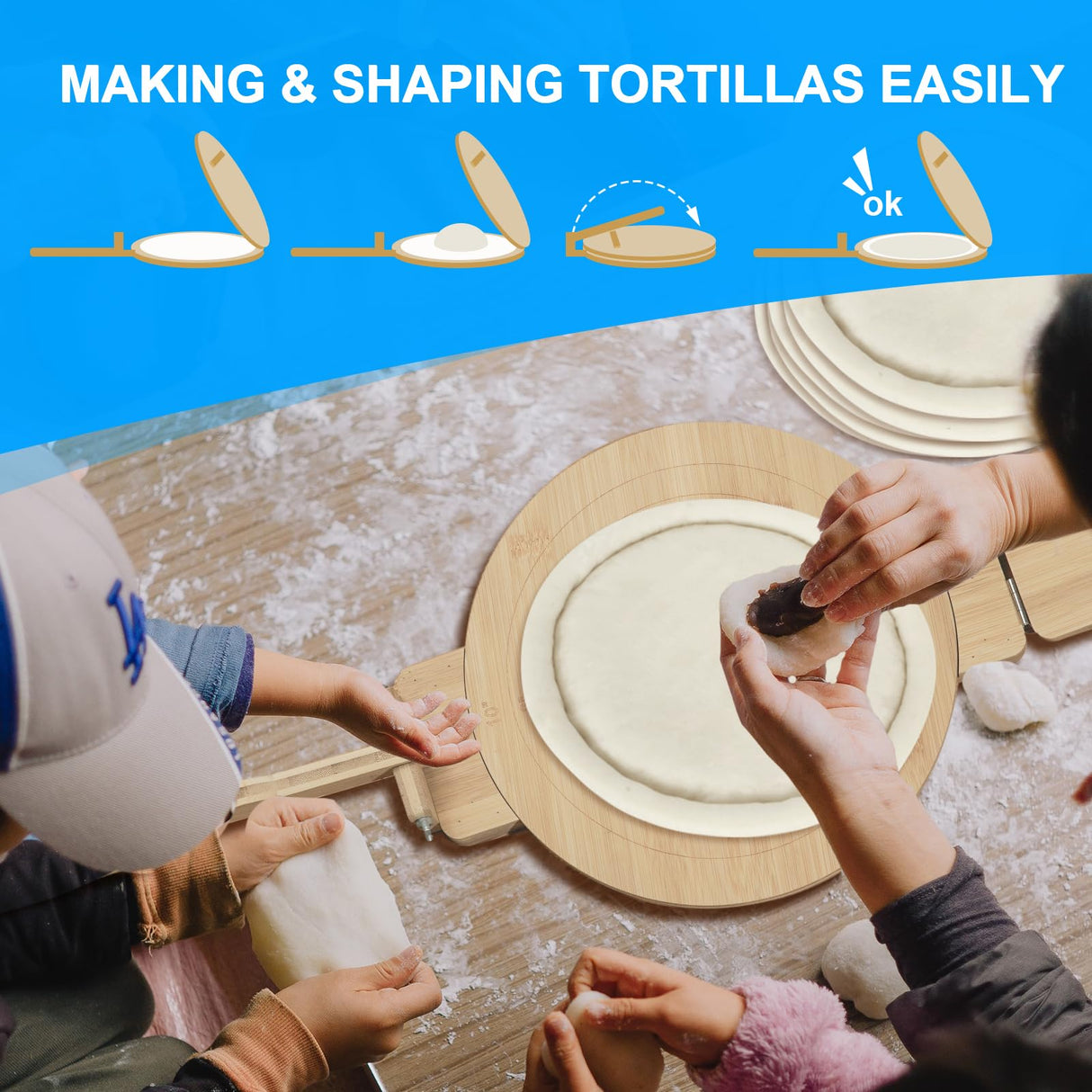 Bamboo Tortilla Press 10 Inch Wooden Tortillas Maker with 100PCS Parchment Paper Large Tortillera Presser for Mexican Taco, Pataconera, Dough Press Cuesonmy