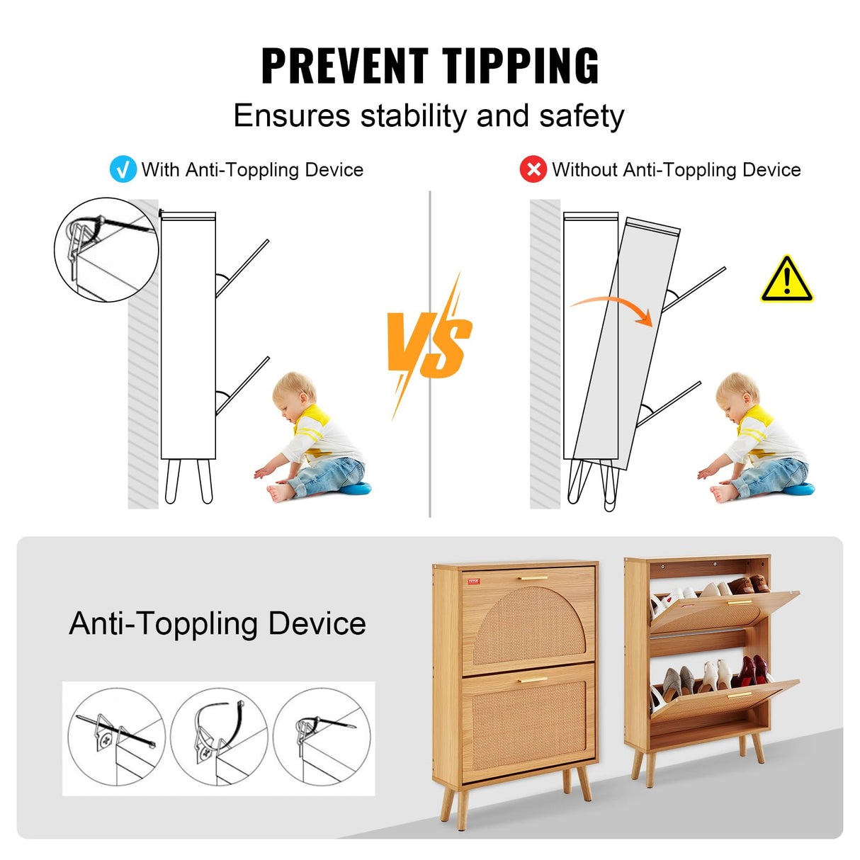 VEVOR Shoe Cabinet with 2 Flip Drawers, Shoe Storage Cabinet for Entryway, Free Standing Shoe Storage Organizer with Rattan Doors for Heels, Boots, Slippers in Hallway, Living Room VEVOR