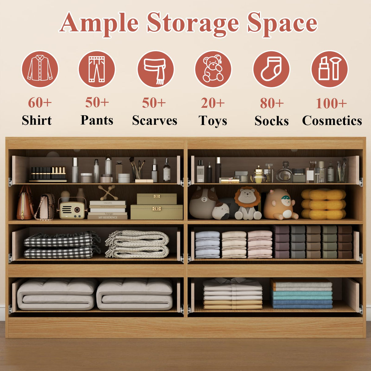 Loomie 6 Drawer Dresser with Power Outlet, Modern Chest of Drawers with LED Light, Dresser for Bedroom, Double Wide Drawer Dresser Organizer Cabinet for Living Room,Entryway (White & Light Wood) Loomie