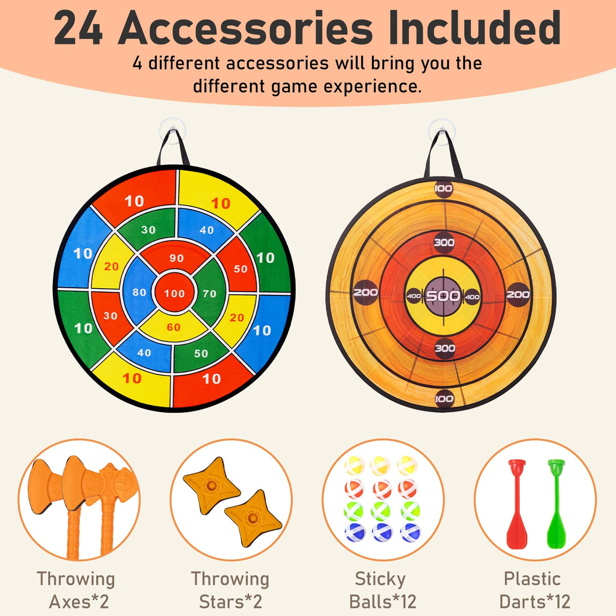 Foam Axe Throwing Game Set,26 inch Large Dart Board,Indoor Outdoor Target Game,Includes a 26 Inch Double-Sided Easy Fold Target,2 Throwing Axes&Stars,12 Sticky Balls&Darts,A Carry Bag,2 Hooks WodGod