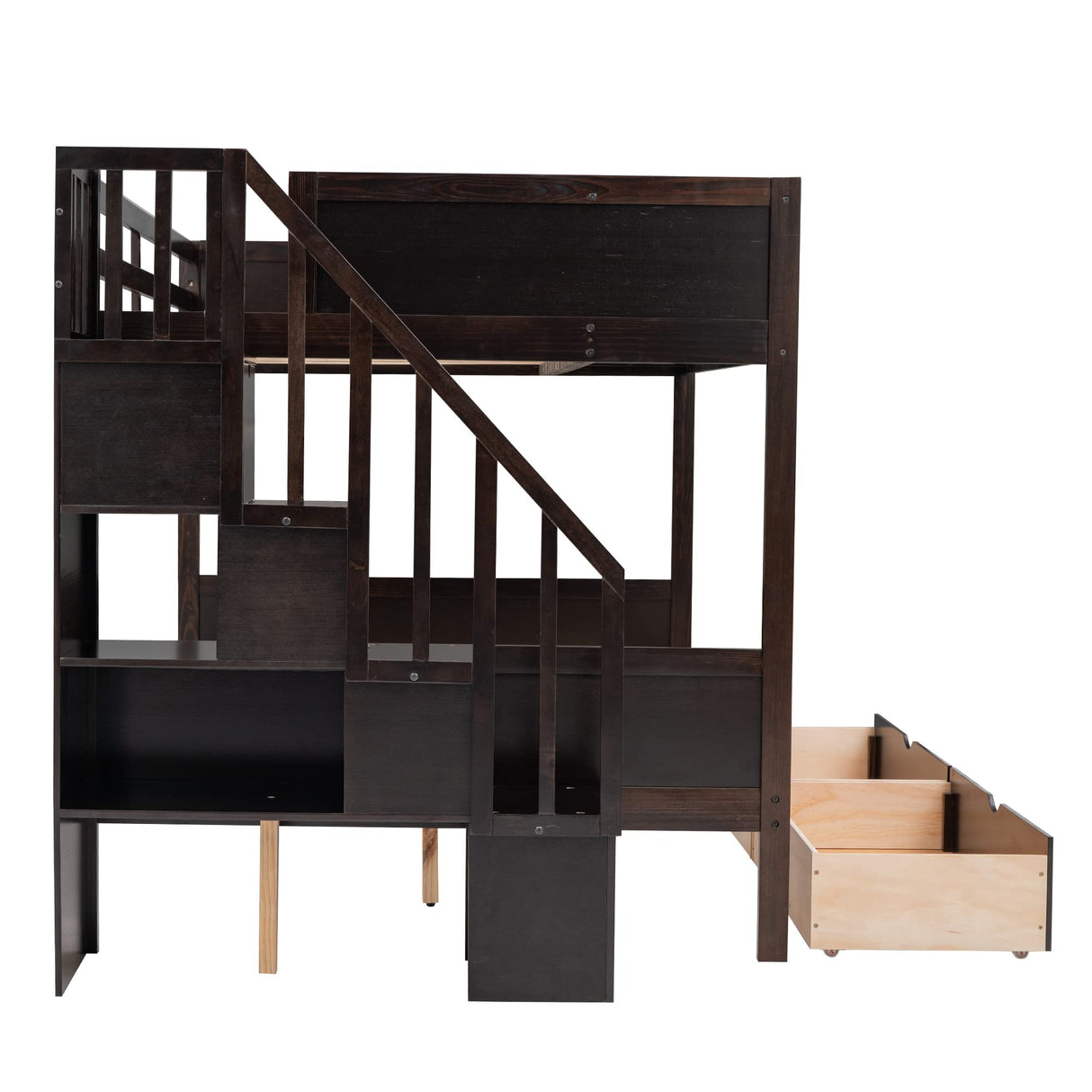 Merax Twin Over Full Bunk Bed with Storage Drawers and Shelf, Bunk Beds Twin Over Full with Storage Staircase, Wood Slat Support, No Box Spring Needed, Espresso Merax