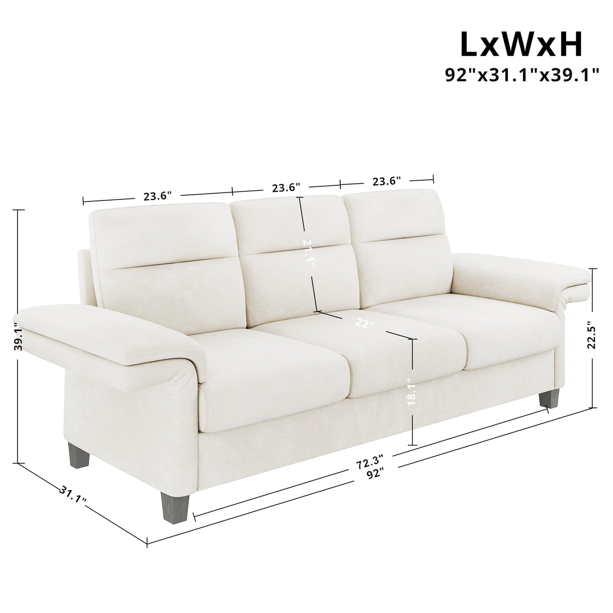 LIKIMIO Sofa Couches for Living Room, with Adjustable armrests, Extra Deep Seats 3 Seater Sofa, Modern Couches for Living Room/Apartment, Easy Assembly, Beige Chenille (92 Inch) LIKIMIO