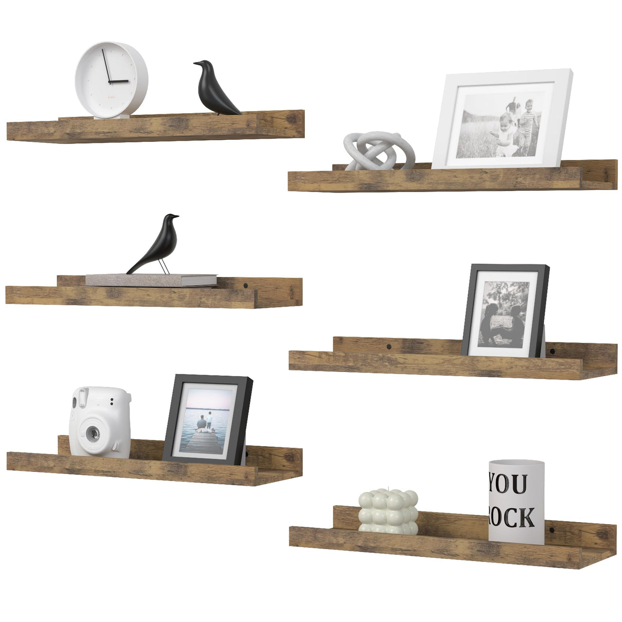 DOLLFIO Floating Shelves Set of 6, Farmhouse Wall Shelves with Lip, Display Shelves for Wall Decor, Rustic Picture Ledge for Living Room, Bedroom, Nursery, Bathroom, Pictures, Books, Plants- Brown DOLLFIO