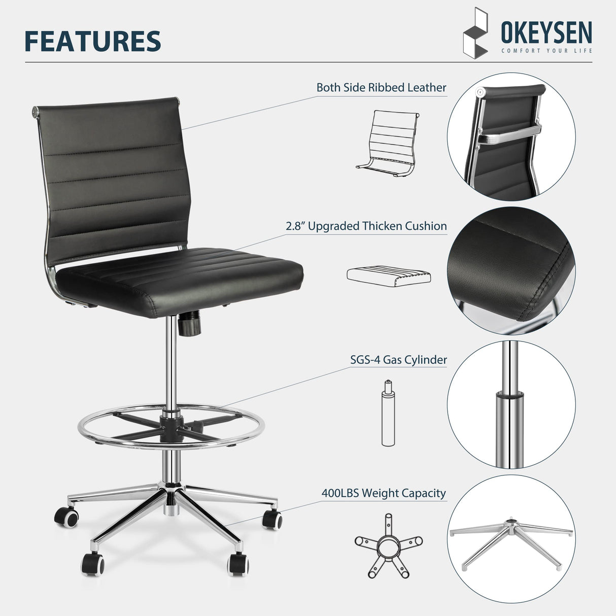 Okeysen Drafting Chair Armless Desk Stool, 400 LBS Ergonomic Leather Tall Office Chair with Adjustable Foot Ring, Modern Standing Desk Chair with Ribbed Mid Back, Swivel Rolling Drafting Stool. Lepdep