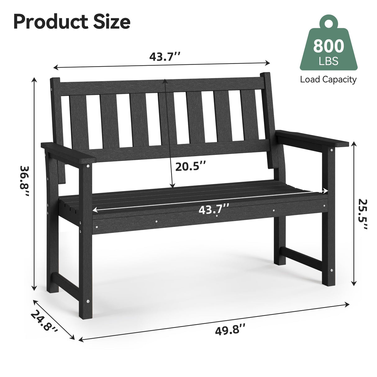 ACUEL HDPE Memorial Bench – 50'' Weatherproof Durable Outdoor Bench, 2-Person Park Bench, Easy to Move, Multi-Purpose Design Ideal for Porch, Patio, Church, and School (Black) ACUEL