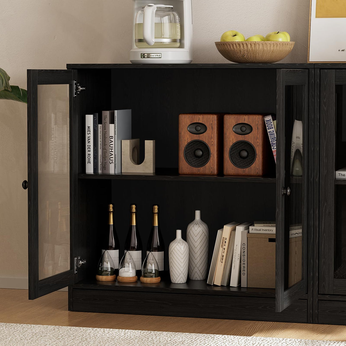 TUSY 4-Piece Large TV Stand with Bookshelves for TVs up to 75", TV Entertainment Center Media Center with Tempered Glass Doors and Shelves, TV Hutch for Living Room (Black) TUSY