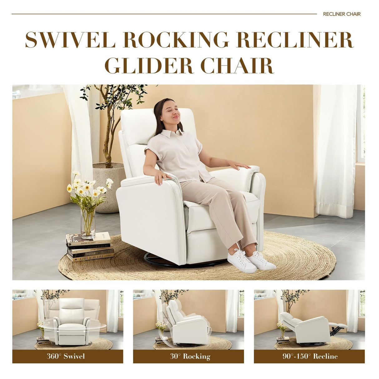 COLAMY Faux Leather Swivel Recliner Chair with Footrest, High Back with Double-Layer Cushion, Glider Recliner for Nursery & Living Room, Bedroom, Beige COLAMY