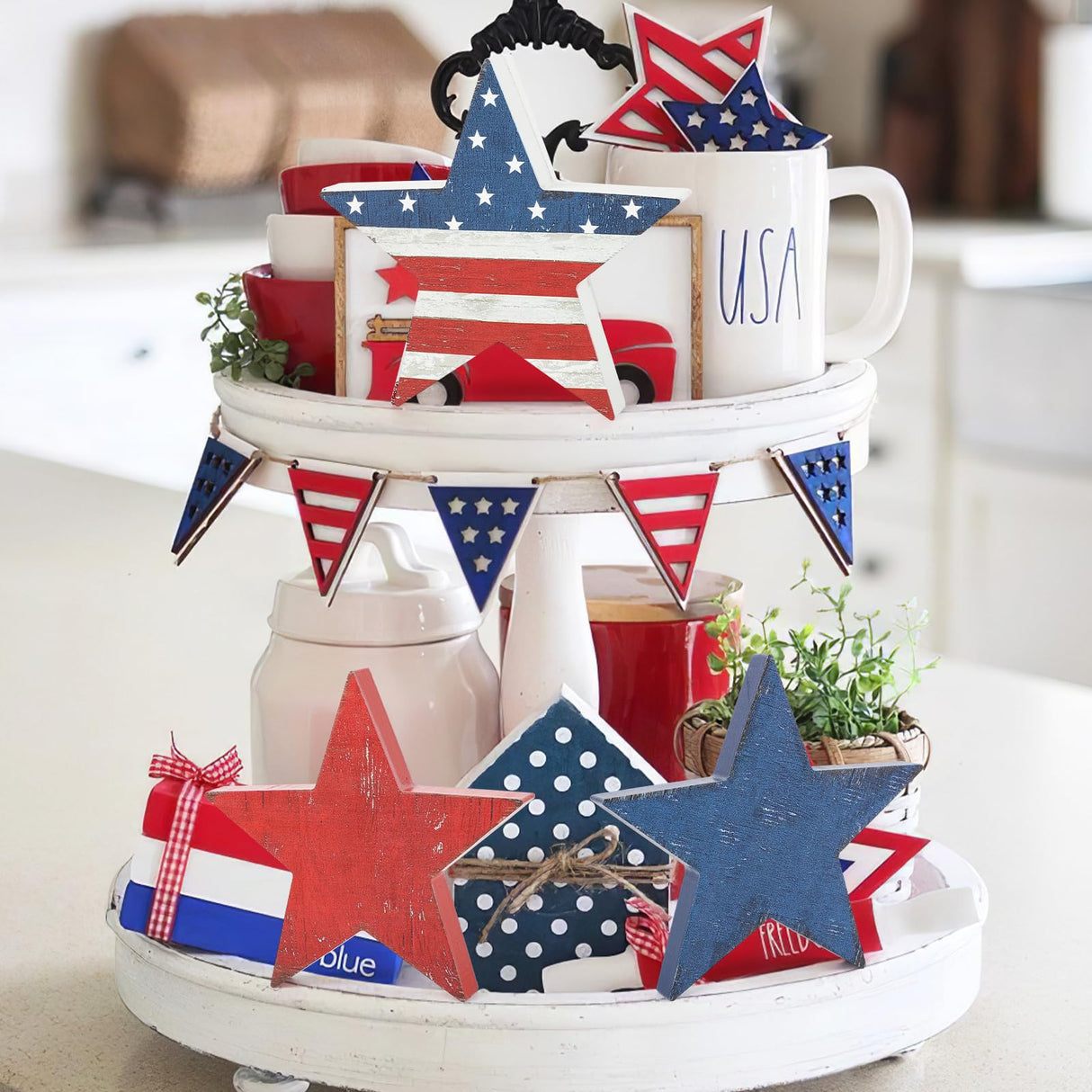 3 Pcs 4th of July Wooden Star Signs,Rustic Memorial Day Tiered Tray Decor, American Patriotic Table Decoration for Home Kitchen (Retro) Sereliy