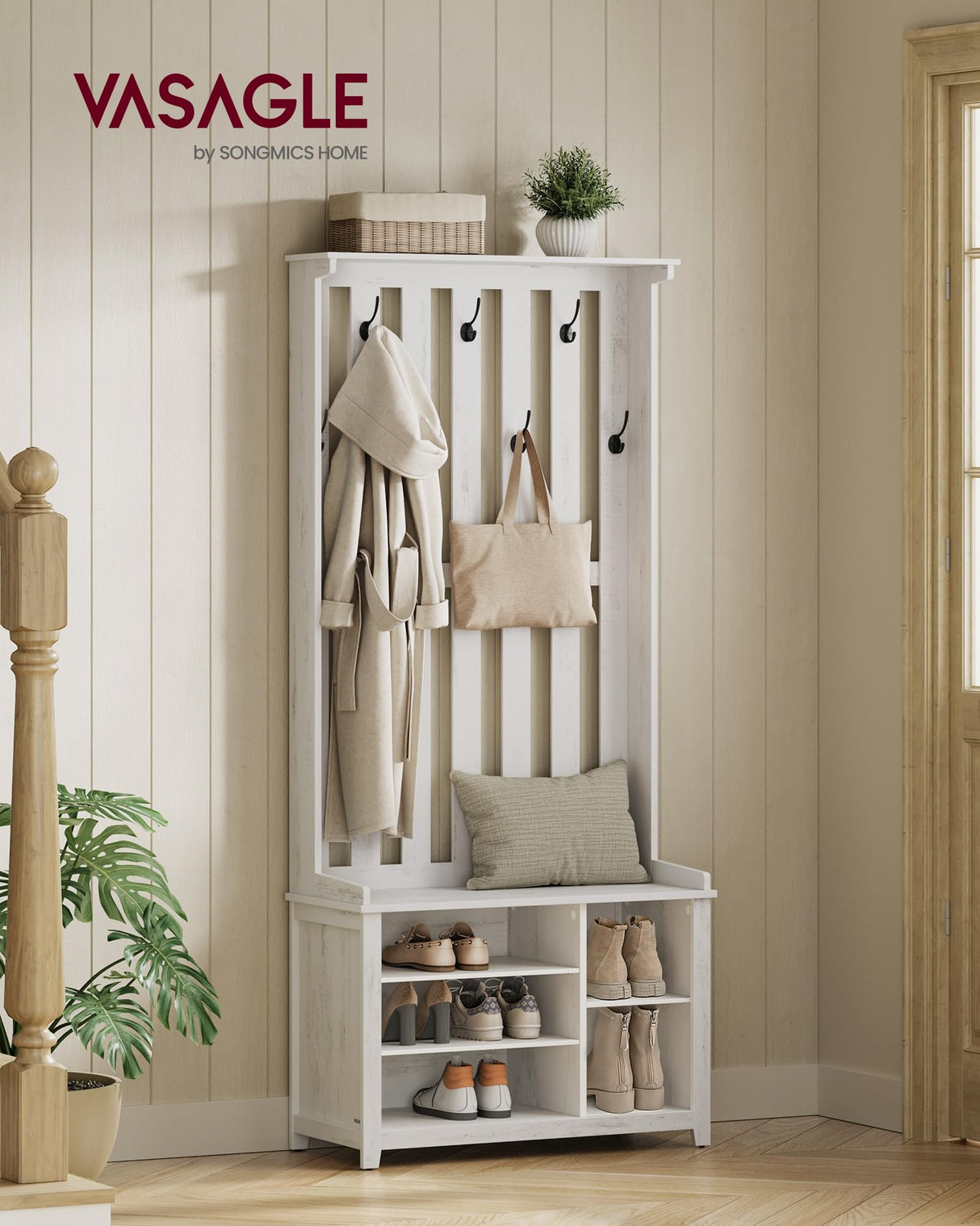 VASAGLE Hall Tree with Bench and Shoe Storage, Coat Rack with Shoe Bench, 7 Double Hooks for Jackets, Hats, Entryway, Bedroom, Living Room, 13.8 x 31.9 x 70.9 Inches, Rustic White UHSR414W01 VASAGLE