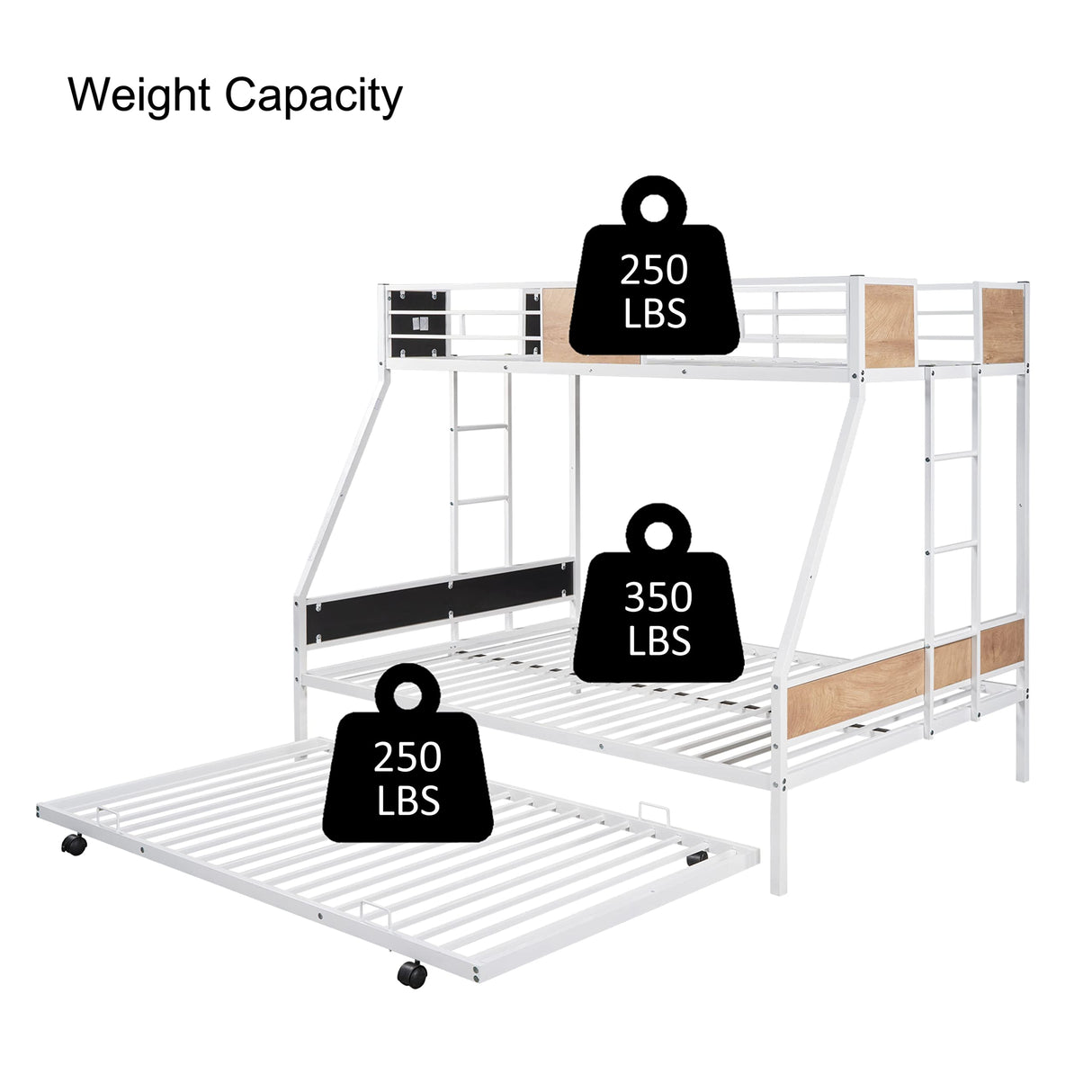 Olela Twin Over Full Metal Bunk Beds with Trundle Bed,Heavy Duty Metal Bed Frame with Safety Rail 2 Side Ladders for Boys Girls Adults,No Box Spring Needed (White Frame) Olela