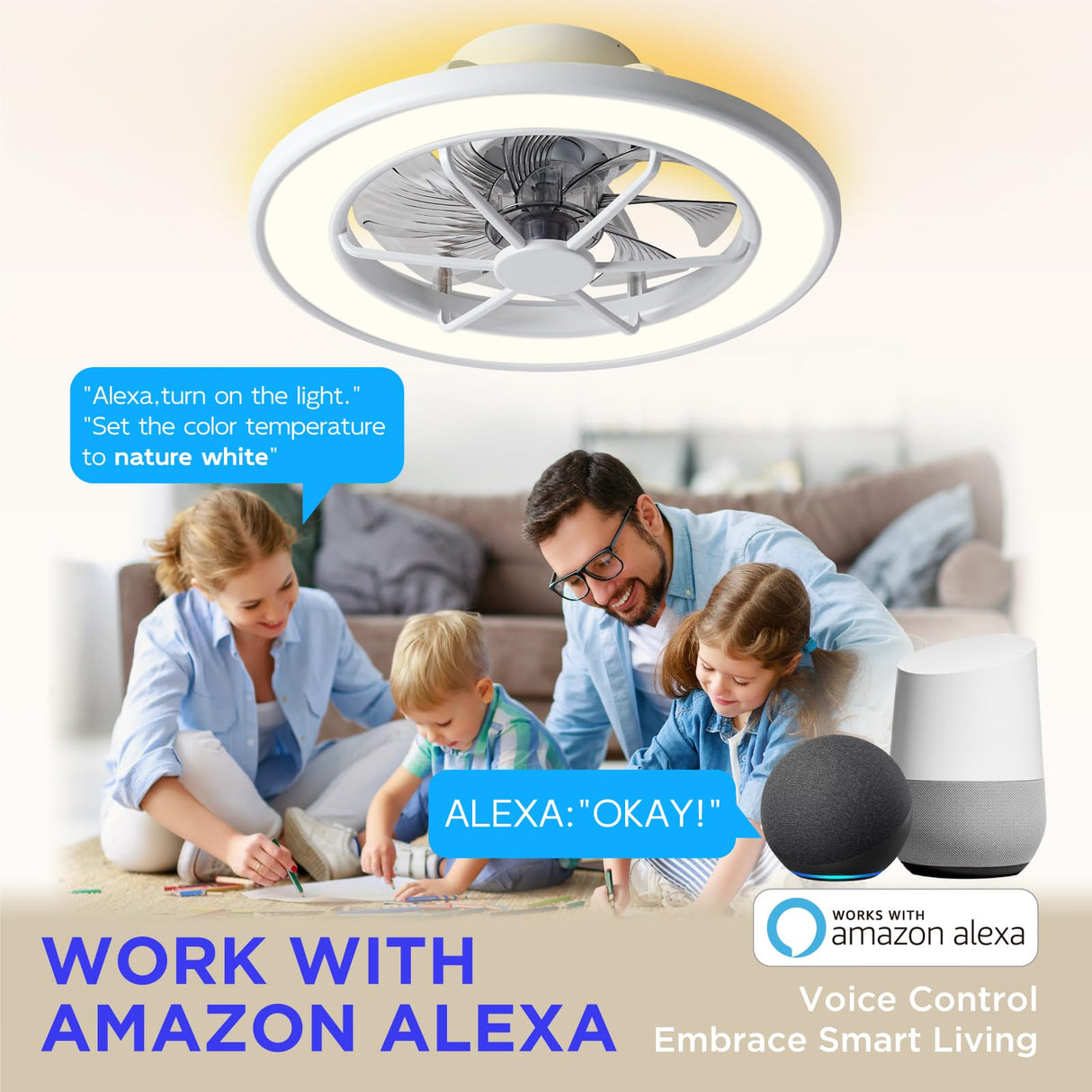 ocioc Low Profile Ceiling Fans with Lights,18 in Smart Ceiling Fans with Alexa/Google Assistant/App Control Color Changing LED-RGB Back Ambient Light for Bedroom ocioc