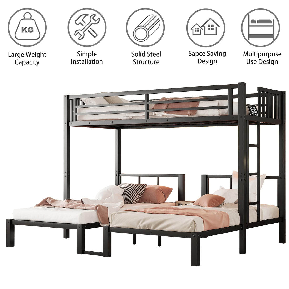 Triple Bunk Bed for Kids with LED Light ,Metal Heavy Duty 3 Bunk Beds with Charge Station & Storage Shelf, Convertible Three Bunk Beds for Girls Boys Teens,Can be Separated into 3 Beds , Black MoproBeti