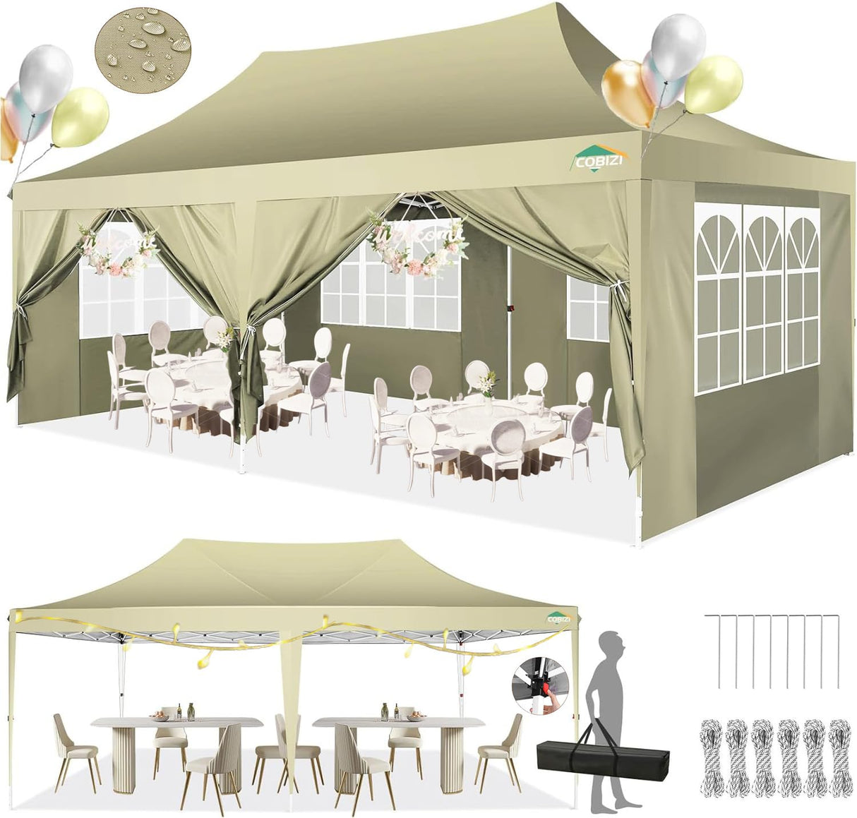 COBIZI 10x20 Pop Up Canopy Tent with 6 Sidewalls, Wedding Party Tent Outdoor Gazebos UV50+ Waterproof Canopy Tent Event Shelter for Parties, 3 Adjustable Heights, with Carry Bag(Khaki) COBIZI