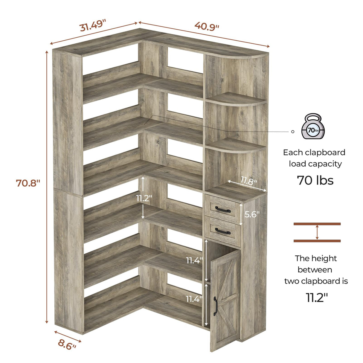 UPOSOJA 7-Shelf Farmhouse Corner Bookshelf with Lockers & Drawers, 71" L-Shaped Large Storage Shelf Display Rack for Bedroom, Living Room, Home Office (Gray) UPOSOJA