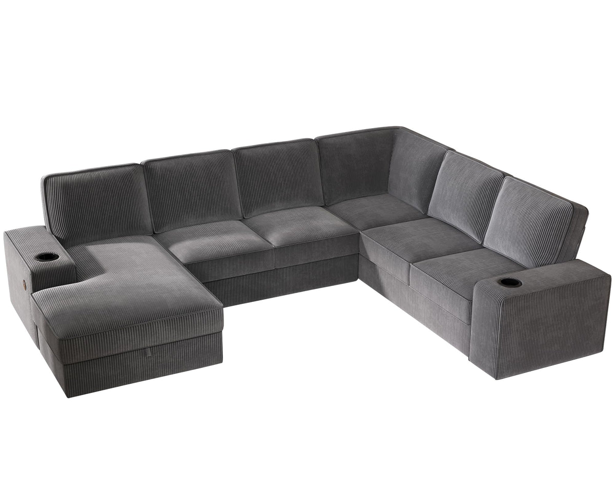 PaPaJet Oversized Sofa, 112 inch U Shaped Sofa with USB Ports, Sectional Couch with Storage Chaise, Corduroy Grey PaPaJet