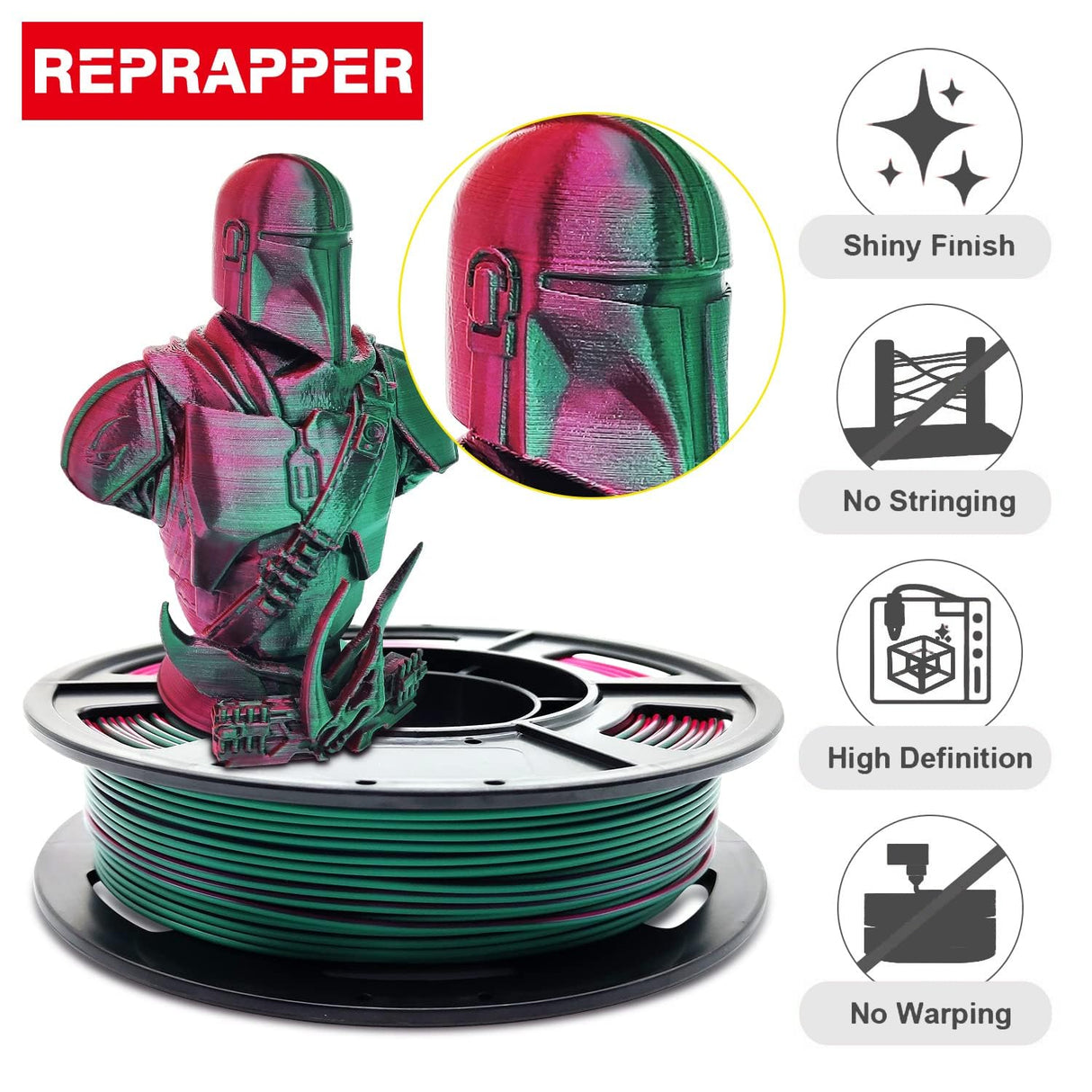 Reprapper Dual Color PLA, Coextrusion Dual Color PLA Filament 1.75mm for 3D Printer, Muliticolor Silk PLA Like Rainbow, 4 x 250g Unboxing Pack RepRapper