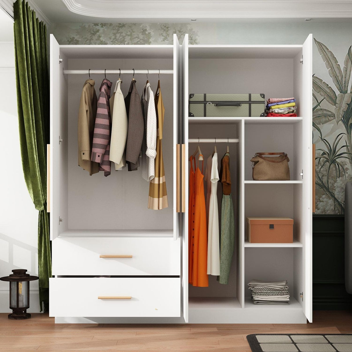 FAMAPY 4 Door Wardrobe with Drawers and Shelevs, Armoires Wardrobe Closet with Hanging Rod, Armoires and Wardrobes for Bedroom White (63”W x 20.7”D x 69.7”H) FAMAPY